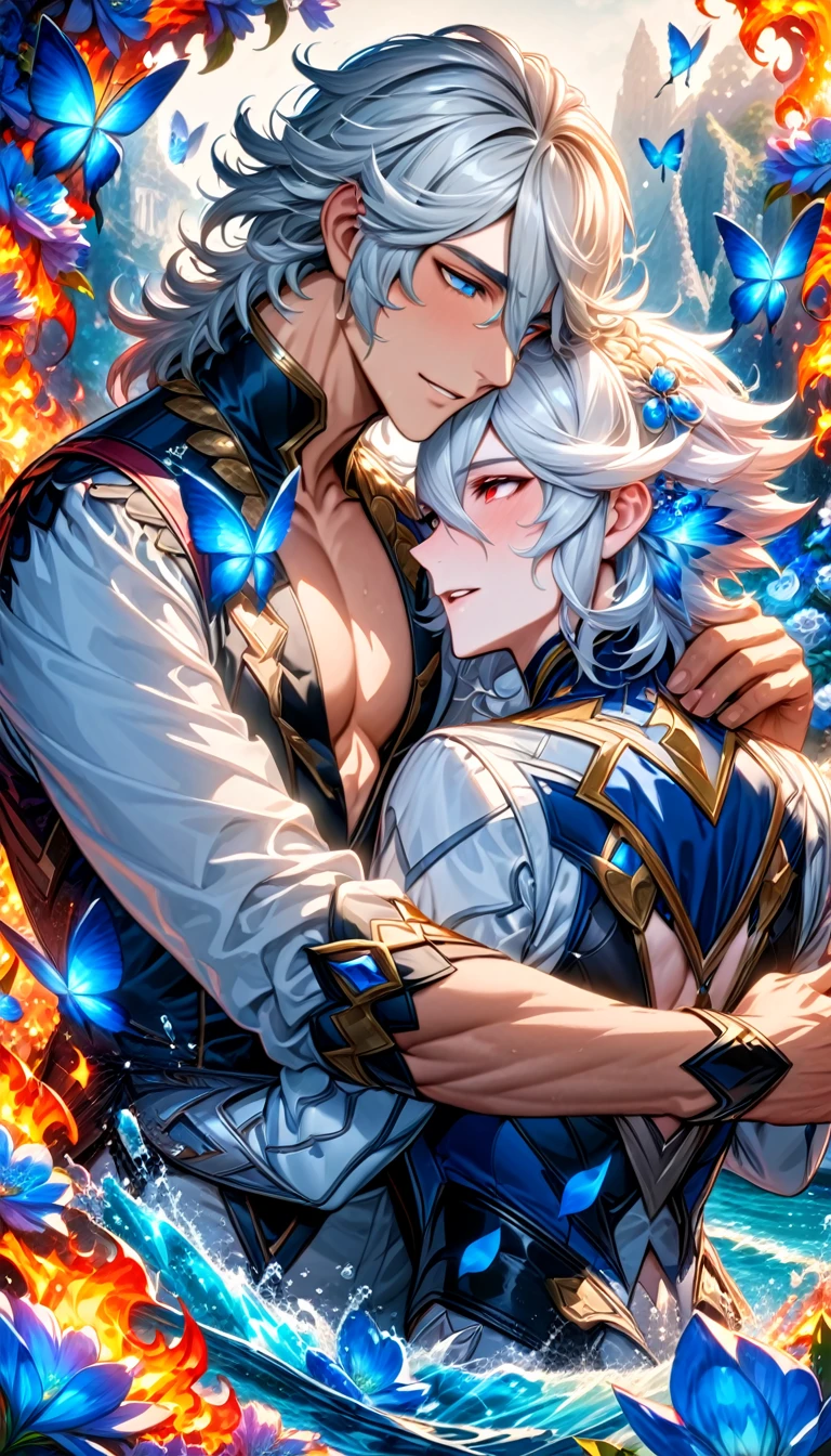 absurdres, highres, ultra detailed, HDR, master piece, best quality, Niles, white hair, expressive blue eyes, Fire Emblem Fates, Corrin, white hair, expressive red eyes, two sexy men together, gay couple, yaoi, handsome, white clothes, magical, fantasy, water, blue butterflies, blue flowers, blue petals, blue trees
