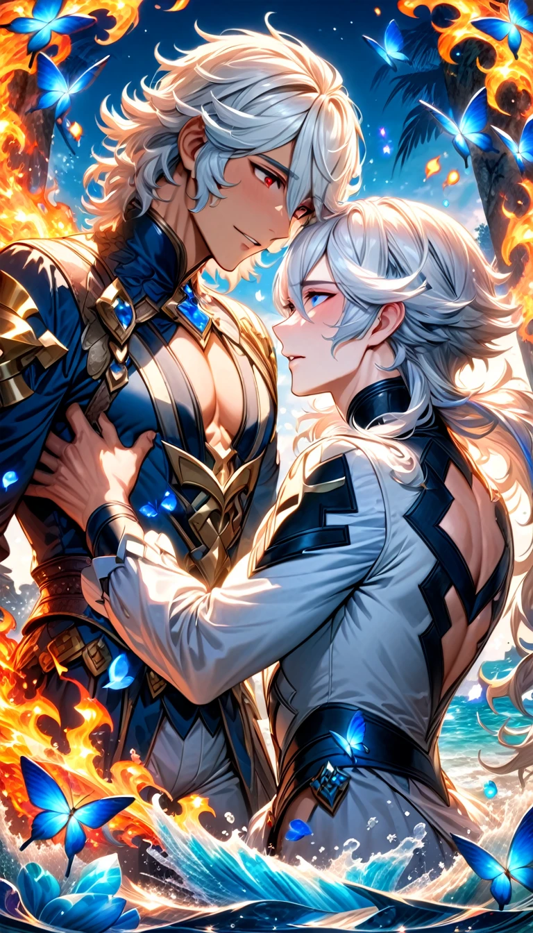 absurdres, highres, ultra detailed, HDR, master piece, best quality, Niles, white hair, expressive blue eyes, Fire Emblem Fates, Corrin, white hair, expressive red eyes, two sexy men together, gay couple, yaoi, handsome, white clothes, magical, fantasy, water, blue butterflies, blue flowers, blue petals, blue trees