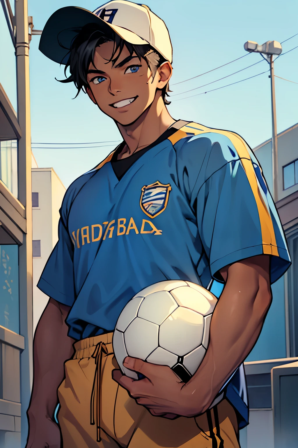 best quality,highly detailed,masterpiece,ultra-detailed,solo,(Delicate eyes),(school background:1.3),black hair, tan skin, age boy,blue eyes,standing,blue soccer jersey, sweatpants,smile,teeth, looking_at_viewer,baseball cap, masculine,medium mascular,anime style.