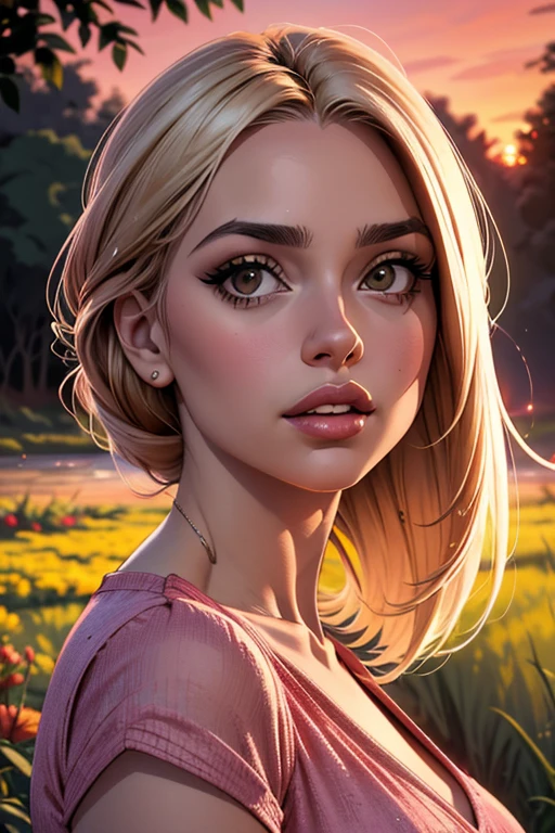 retrato em close, SS sexycabelo loiro, parted lips, lips, vestido casual, olhando para o espectador, fundo da floresta, sunset lights, realista