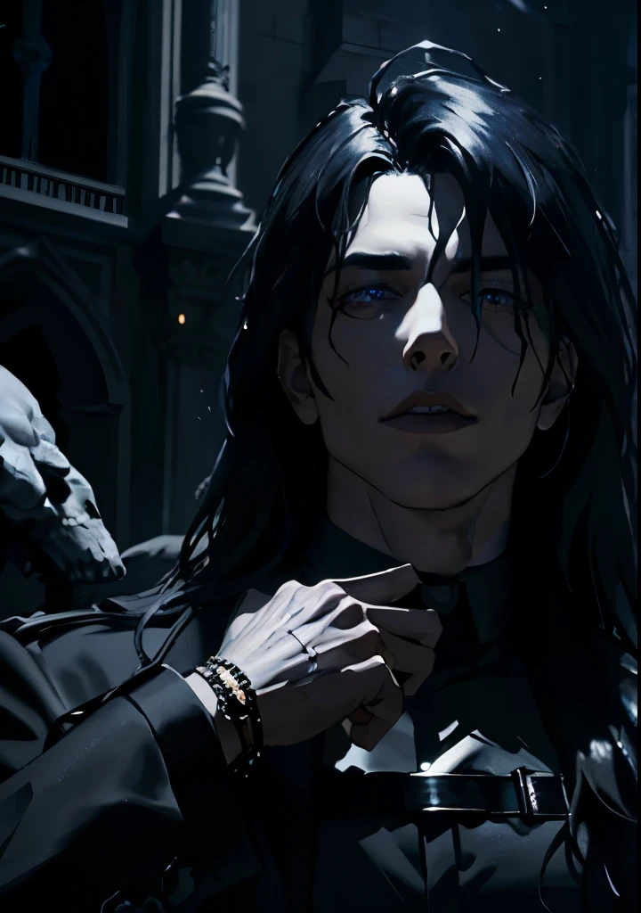 a man with long black hair, piercing purple eyes, holding a diamond ring, about to propose marriage, in the background, the severed heads of dead bodies, a bloody and grim atmosphere, a golden crown upon his head, inside a magnificent royal palace, (best quality,8k,highres,masterpiece:1.2),ultra-detailed,(realistic,photorealistic,photo-realistic:1.37),cinematic lighting,dramatic shadows,highly detailed portrait,intricate details,rich colors,dark fantasy,gothic horror,dramatic lighting,moody atmosphere