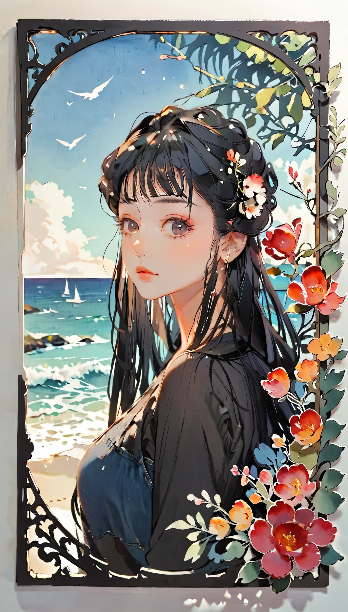 (((paper cutting style))), 1 girl, medium black hair, straight hair, portfolio, shirts, denim, ocean and sky