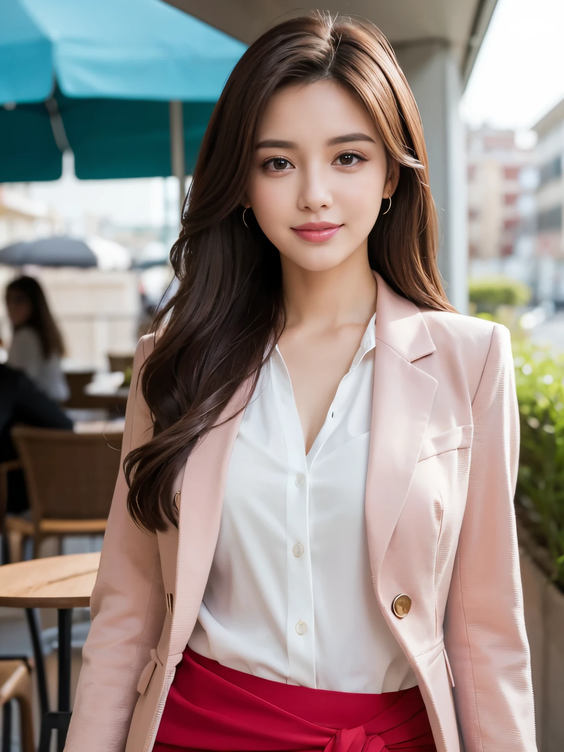 Best quality at best, realistically, ultra - detailed, Detailed pubic hair, A high resolution, 8K wallpaper, 1 Beautiful woman, pink wet lips, light brown messy hair, Medium hair, Wearing a red office suit jacket, shirt, and short black skirt, lock focus, Perfect dynamic composition, beautiful eyes, Delicate hair, Detailed realistically skin texture, Smiling, closeup portrait, Model body type, in the cafe open terrace, blurred background, (waist shot), ((Random body direction)),