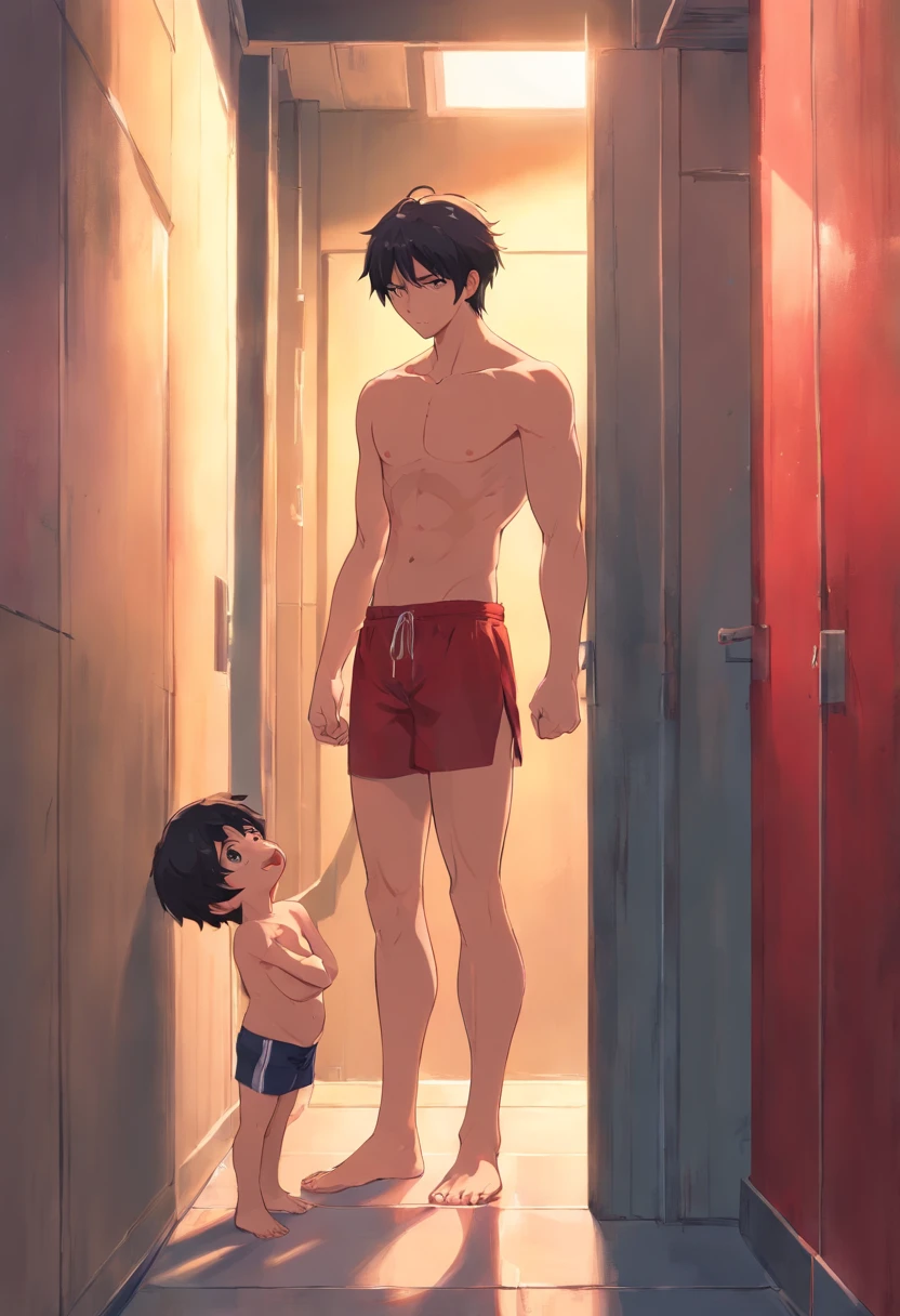 A strong and tall black-haired man without clothes pressed a weak swarthy boy with bright red eyes and blonde hair against the wall and began to undress