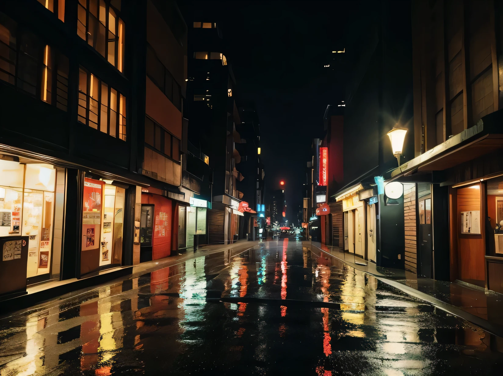A dark scene of a downtown area on a rainy, deserted night。