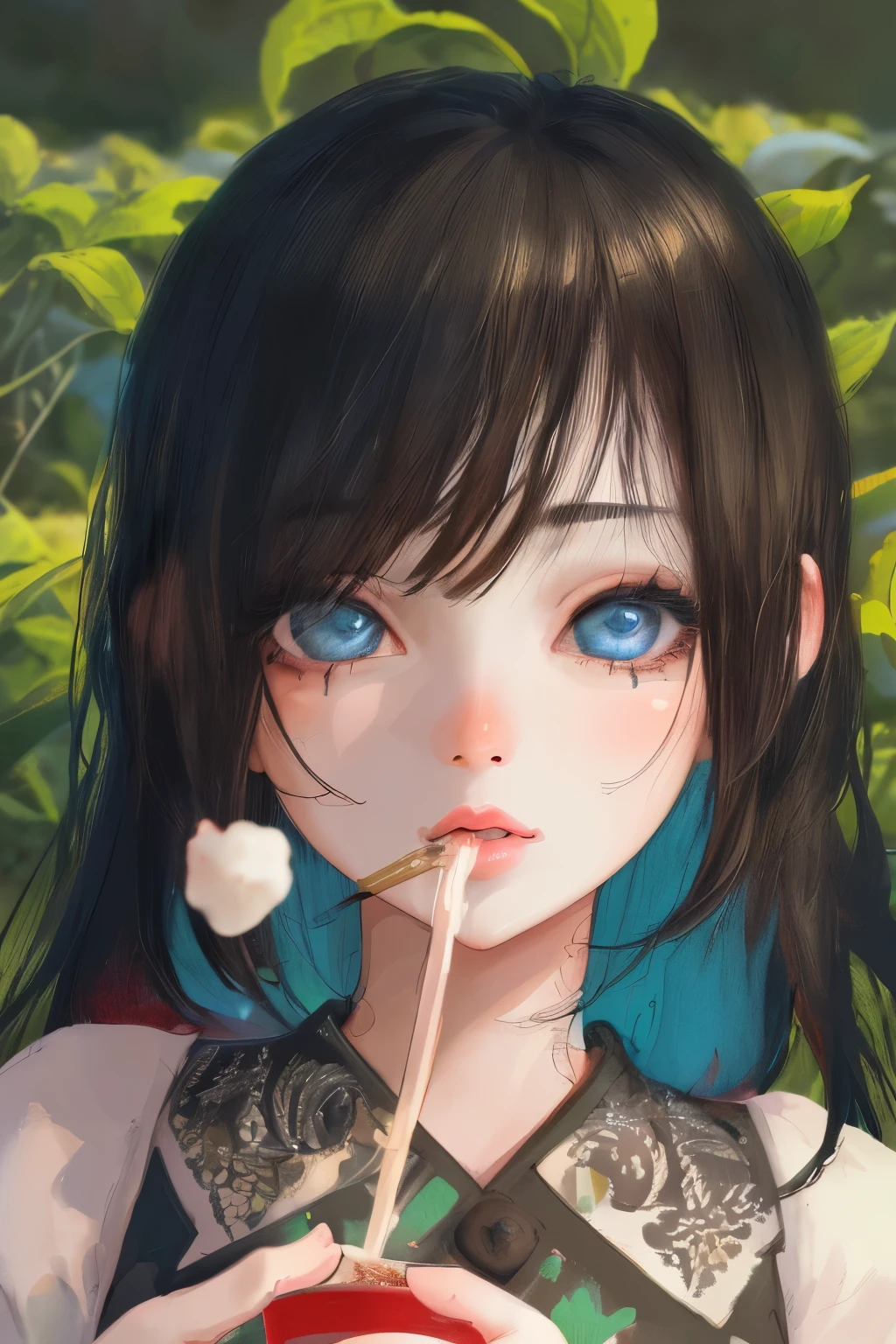a young girl in a tea field, drinking tea and eating mochi, ultra-detailed, 8k, photorealistic, beautiful detailed eyes, beautiful detailed lips, extremely detailed face and skin, intricate details, vibrant colors, natural lighting, pastoral, serene, tranquil, cozy, cute, adorable, kawaii