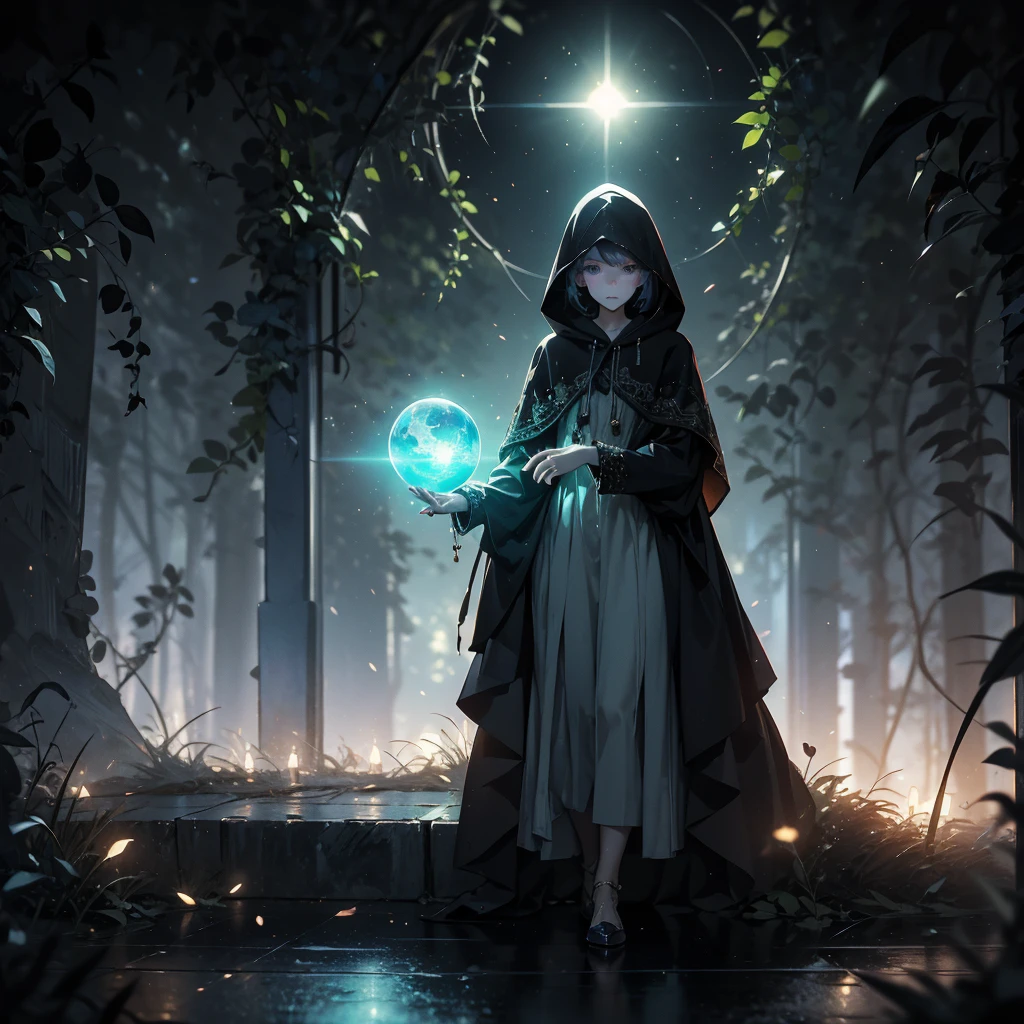 (((masterpiece)))((intricate detail))((8k UHD resolution))((full body shot)) of a girl in a dark hooded cloak, standing in a dim, shadowy environment, holding a glowing orb of energy in her hands which emits a soft, ethereal light. Surrounding her are numerous small lights in shades of {blue|purple}, casting a faint glow similar to candlelight. The atmosphere is {mysterious|otherworldly}, with a misty haze drifting around her feet. The ground beneath her is reflective, creating a mirrored effect that adds to the surreal ambiance. Subtle textures of ancient, worn stones and creeping vines can be seen in the background, hinting at a hidden, mystical place. The scene is quiet and enigmatic, with the girl's face partially obscured by the hood, her eyes focused intently on the luminous orb.

[Best quality], [Masterpiece], [Ultra-detailed], [4k], {serene|intense} atmosphere, {mystical forest|ancient ruins}, {dynamic pose|relaxed pose}, low light, {soft shadows|dramatic lighting}, {reflected light on the ground:0.7}, {misty haze:0.6}, {glowing plants:0.5}, {creeping vines:0.4}, {ancient stones:0.3}.