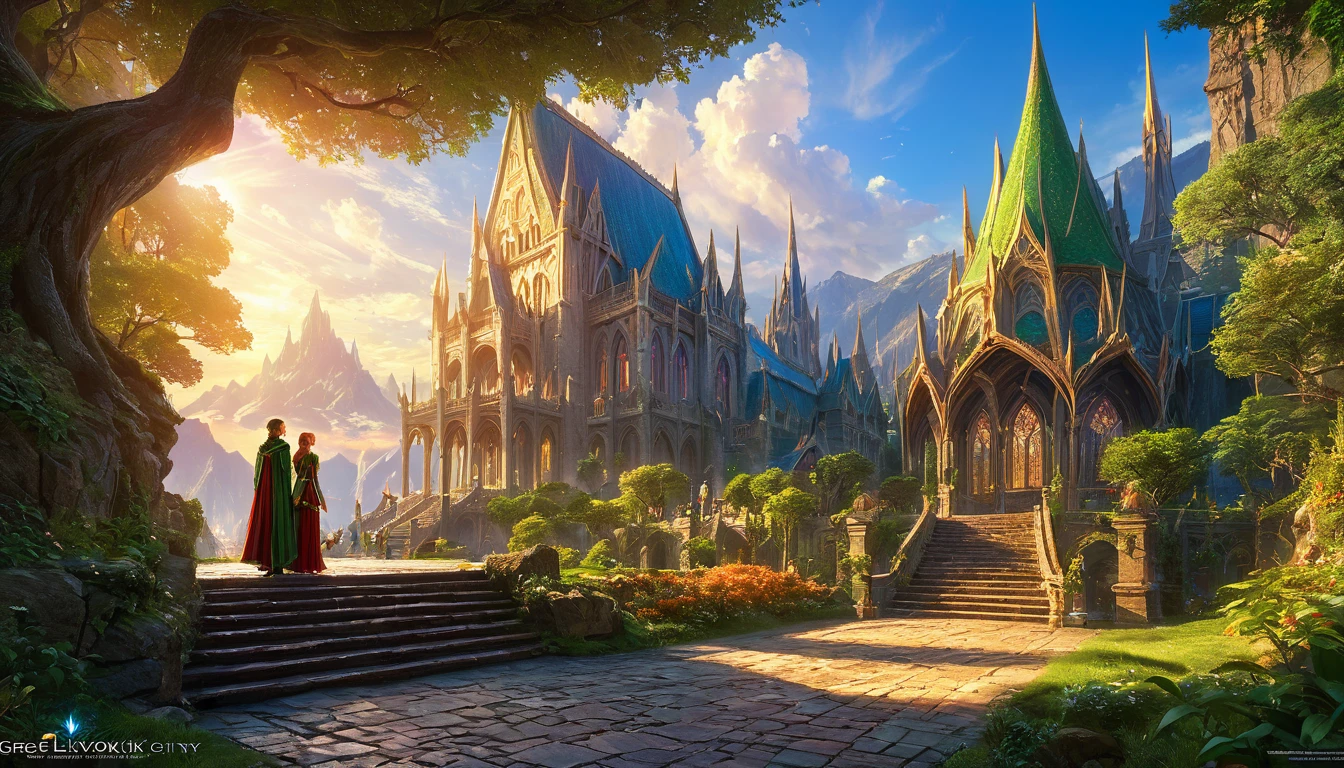 (anime, dark fantasy), (by Greg Rutkowski: 1.2), (masterpiece, best quality, high resolution, highly detailed, depth of filed, HDR:1.2), ((the majestic elven city, elf, people, grand architecture,)), fantastical landscapes, vibrant colors, majestic, enchanted, warm atmosphere, beautiful, extremely detailed, intricate, delicate, serene fantasy, cinematic lighting, 8k, high quality
