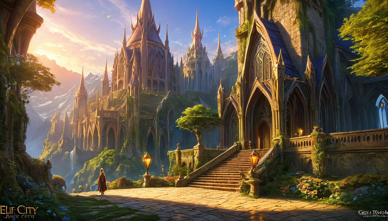 (anime, dark fantasy), (by Greg Rutkowski: 1.2), (masterpiece, best quality, high resolution, highly detailed, depth of filed, HDR:1.2), ((the majestic elven city, elf, people, grand architecture,)), fantastical landscapes, vibrant colors, majestic, enchanted, warm atmosphere, beautiful, extremely detailed, intricate, delicate, serene fantasy, cinematic lighting, 8k, high quality