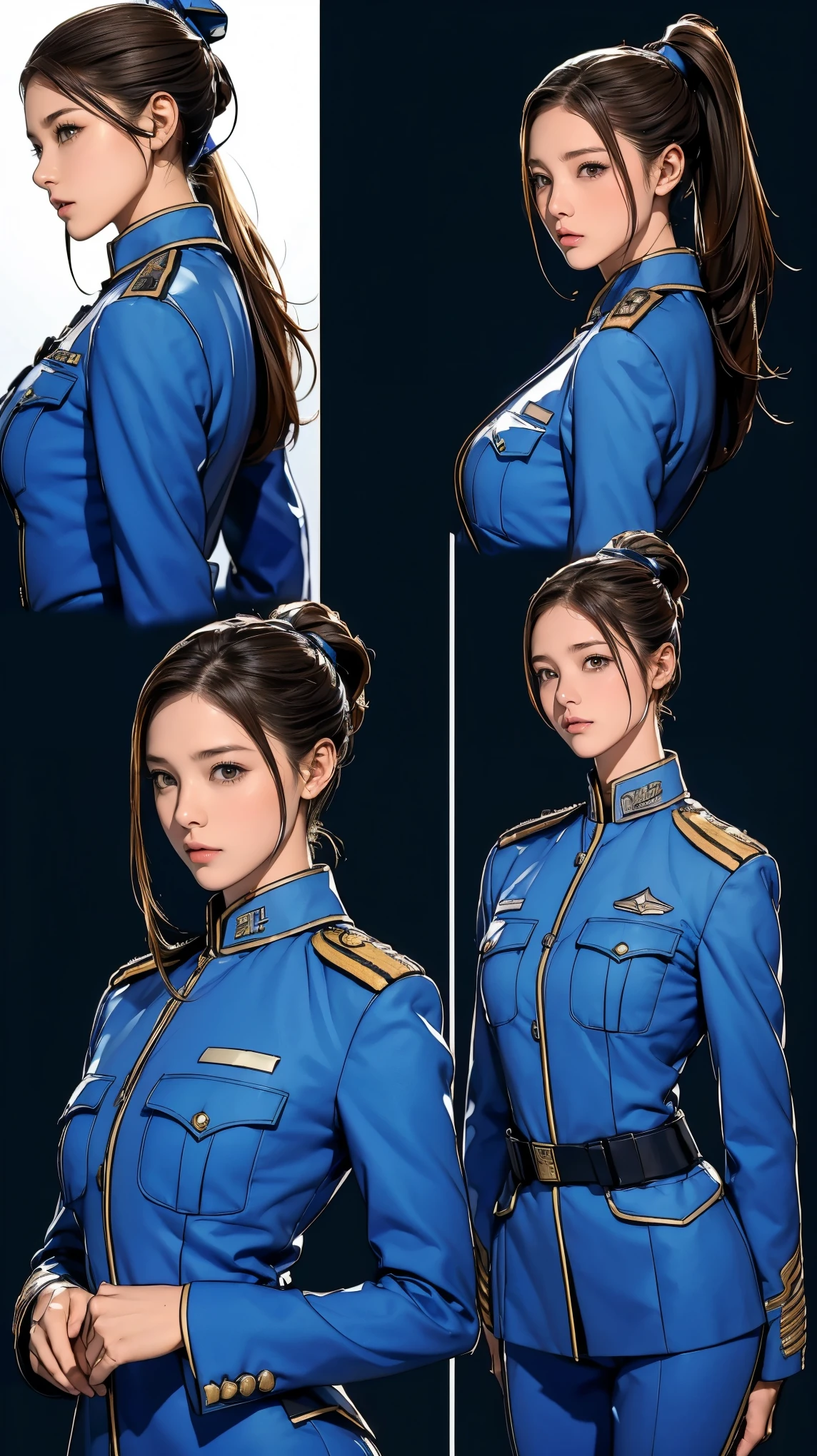 ((masterpiece)),(((highest quality))),((Reference Sheet, Character Design, front, return, ~ ~ side, Mr..々Hairstyle, Mr..々Performance, Facial Expressions)), -yeld gi Cute type, (Very slim:1.4), (Very small ass:1.4), Realistic buttocks, (Medium bust:1.4), Brown hair in a ponytail,Thin thighs, Long legs, It's not a big deal,(A female Earth Federation officer is walking), (Wearing Earth Federation military uniform, White and blue military uniform),(Worn by federal government employees'White Hat:1.5)