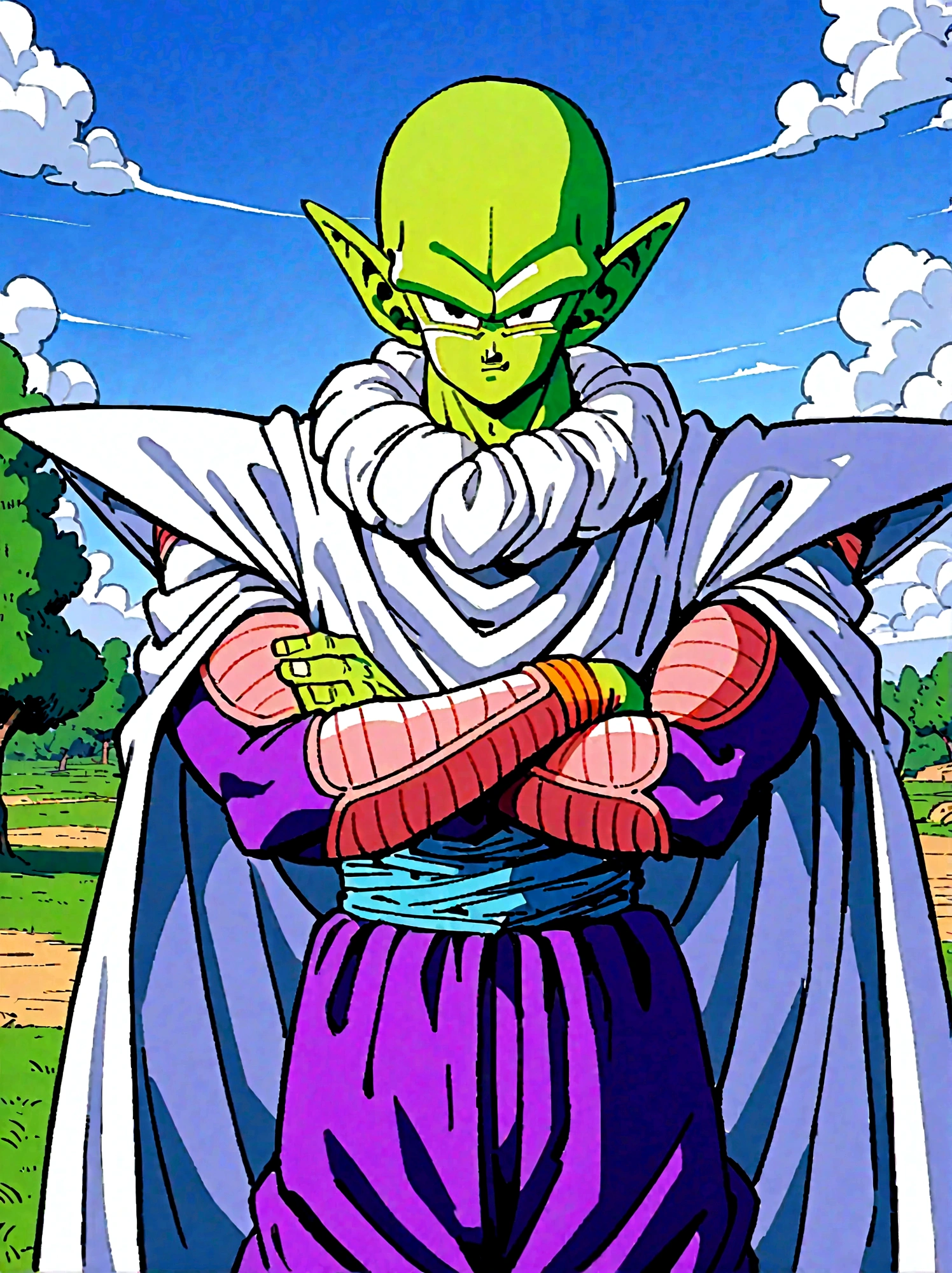 Dragon Ball, piccolo, 1boy, male focus, solo, green skin, pointy ears, black eyes, purple pants, crossed arms, standing, purple dougi,white cape,outdoors, grass, tree, pink patches, cloudy sky,blue sky, white turban,blue sash,looking at viewer