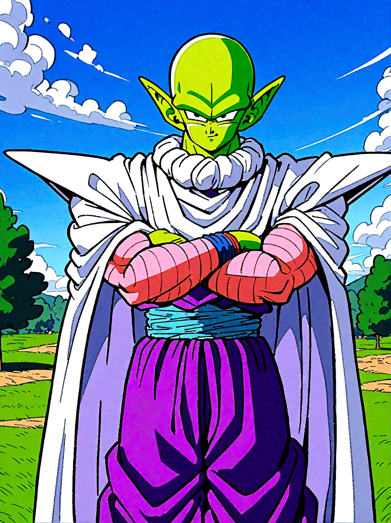 Dragon Ball, piccolo, 1boy, male focus, solo, green skin, pointy ears, black eyes, purple pants, crossed arms, standing, purple dougi,white cape,outdoors, grass, tree, pink patches, cloudy sky,blue sky, white turban,blue sash,looking at viewer