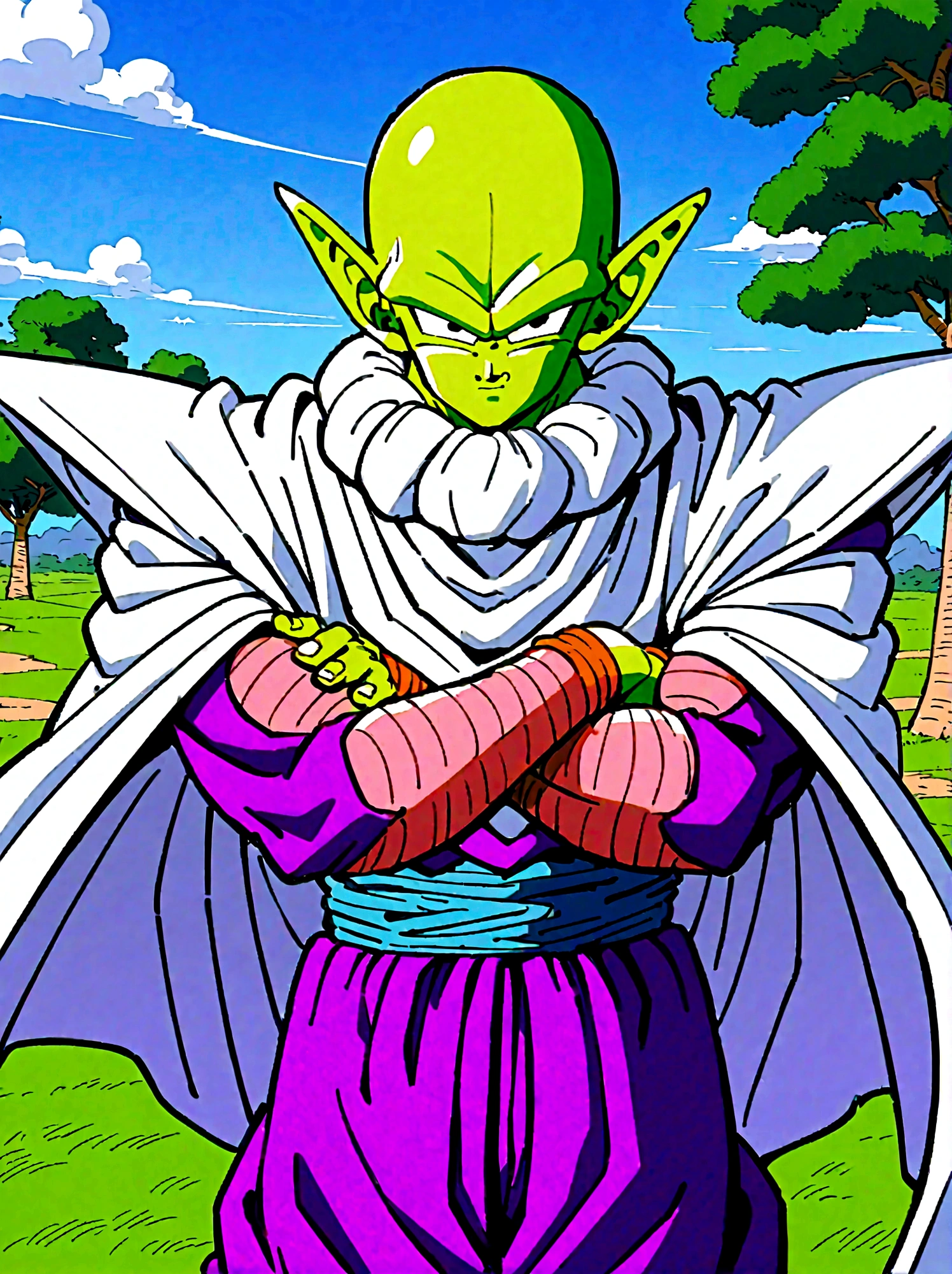 Dragon Ball, piccolo, 1boy, male focus, solo, green skin, pointy ears, black eyes, purple pants, crossed arms, standing, purple dougi,white cape,outdoors, grass, tree, pink patches, cloudy sky,blue sky, white turban,blue sash,looking at viewer