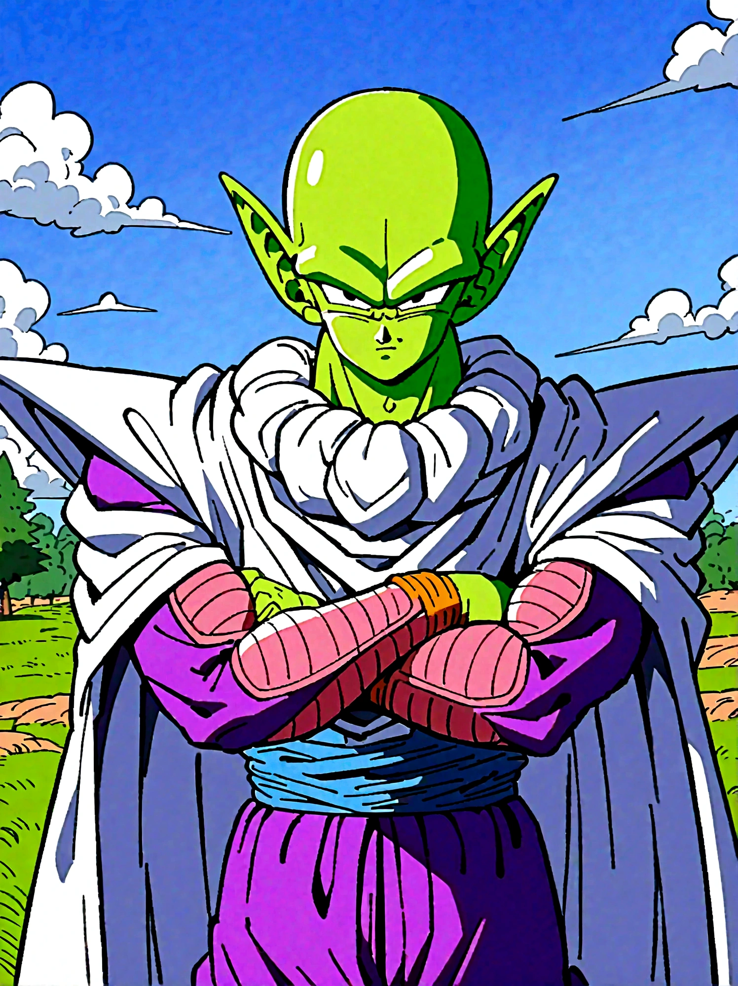 Dragon Ball, piccolo, 1boy, male focus, solo, green skin, pointy ears, black eyes, purple pants, crossed arms, standing, purple dougi,white cape,outdoors, grass, tree, pink patches, cloudy sky,blue sky, white turban,blue sash,looking at viewer