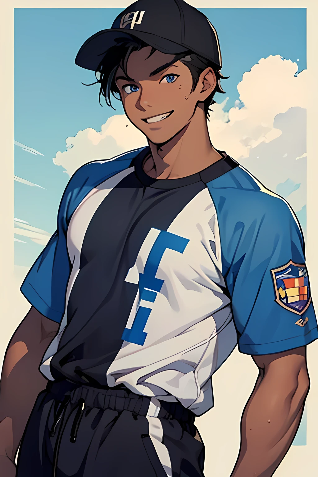 best quality,highly detailed,masterpiece,ultra-detailed,solo,(Delicate eyes),(school background:1.3),black hair, tan skin, teenage boy,blue eyes,standing,blue soccer jersey, sweatpants,smile,teeth, looking_at_viewer,baseball cap, masculine,medium mascular,anime style.