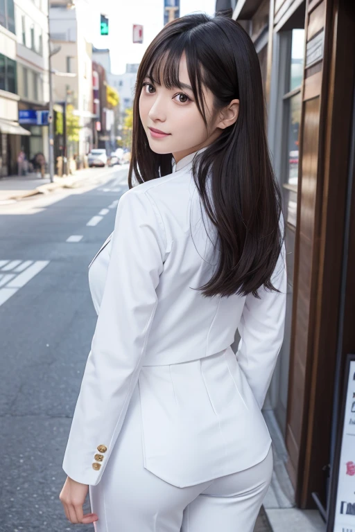 8K、Detailed Description、Very high definition、Realistic、reality的、Real、live-action、reality、High resolution、Nogizaka46、japanese idol,beautiful girl、21 years old、Dark brown eyes、Japan、office Street、sunny、full body,smile, closed mouth,Long Hair、Knee-up-top angle of view、Back view、look back、Pants Style、White shirt、ビジネスsuit、suit、business suit、Very black hair、pretty girl、Beauty、Glowing Skin、Glowing Skin、Shiny Hair、Very white skin、Heavy makeup、Large Breasts、Big ass、Slit eyes、Big Eyes、Double eyelids、Don't show your teeth、