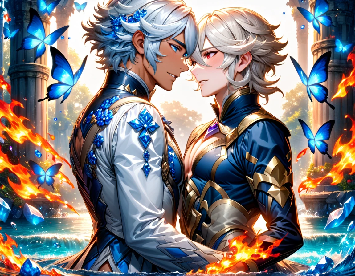 absurdres, highres, ultra detailed, HDR, master piece, best quality, Niles, white hair, expressive blue eyes, Fire Emblem Fates, Corrin, white hair, expressive red eyes, two sexy men together, gay couple, yaoi, handsome, white clothes, magical, fantasy, water, blue butterflies, blue flowers, blue petals, blue trees