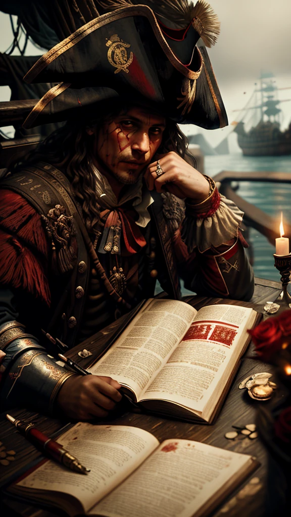 Cinematic style, Julius Caesar writing poetry on a pirate ship, ornate, details, blood, debris, realistic, photography, blurry background, softfocus, bokeh,