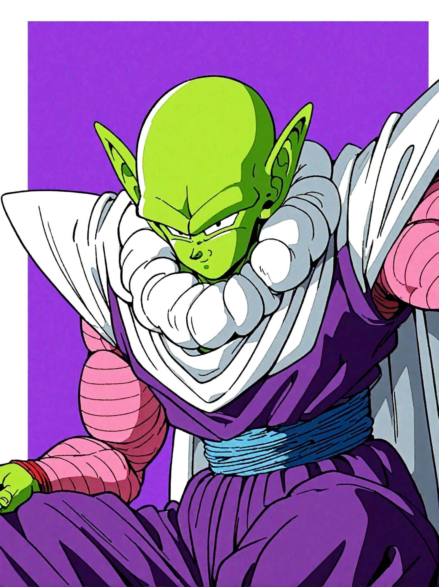 Dragon Ball, piccolo, 1boy,white turban, white cape, pointy ears,(purple dougi), green skin, purple pants,pink patches,blue sash
