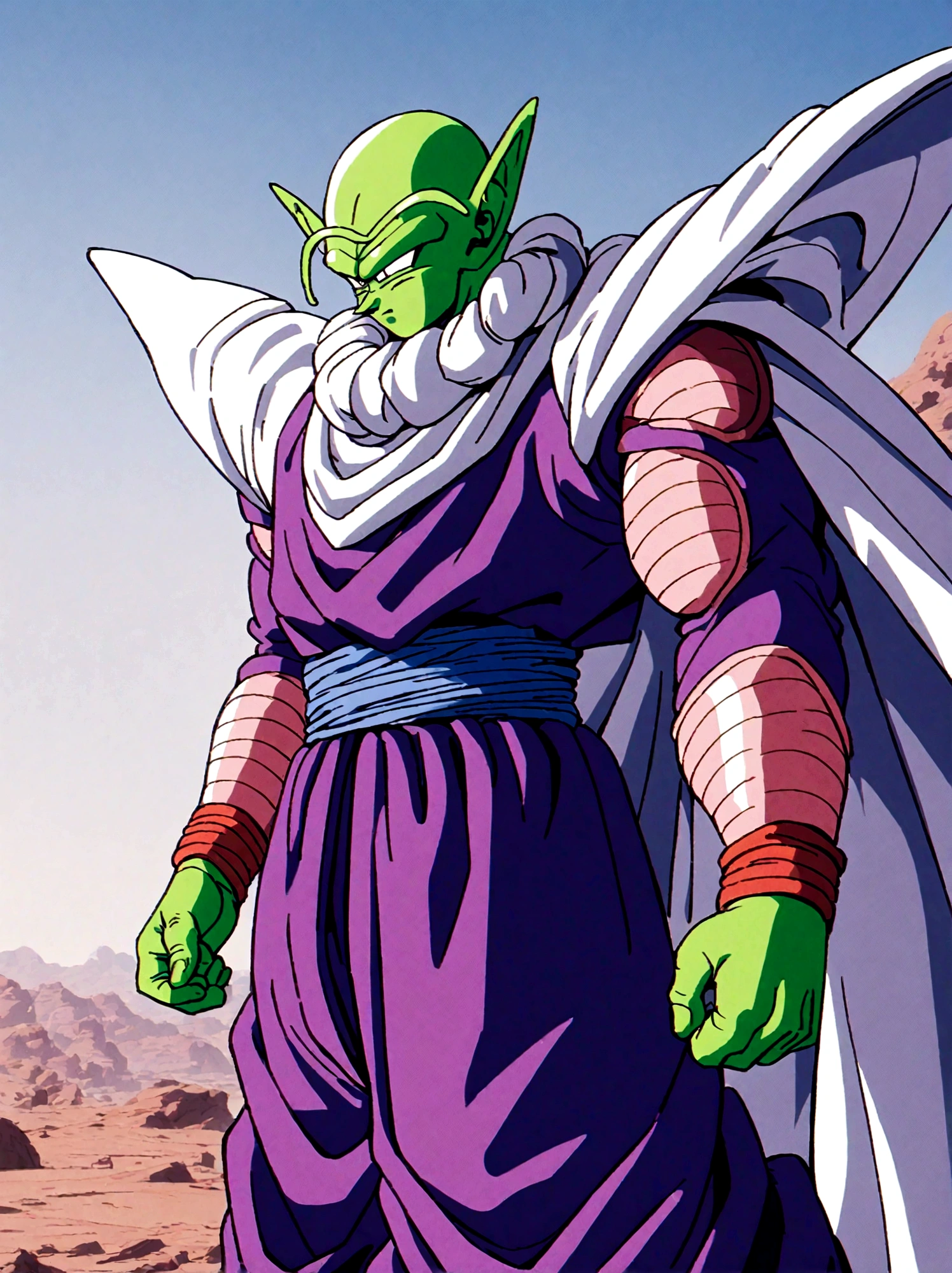 Dragon Ball, piccolo, 1boy,white turban, white cape, pointy ears,(purple dougi), green skin, purple pants,pink patches,blue sash