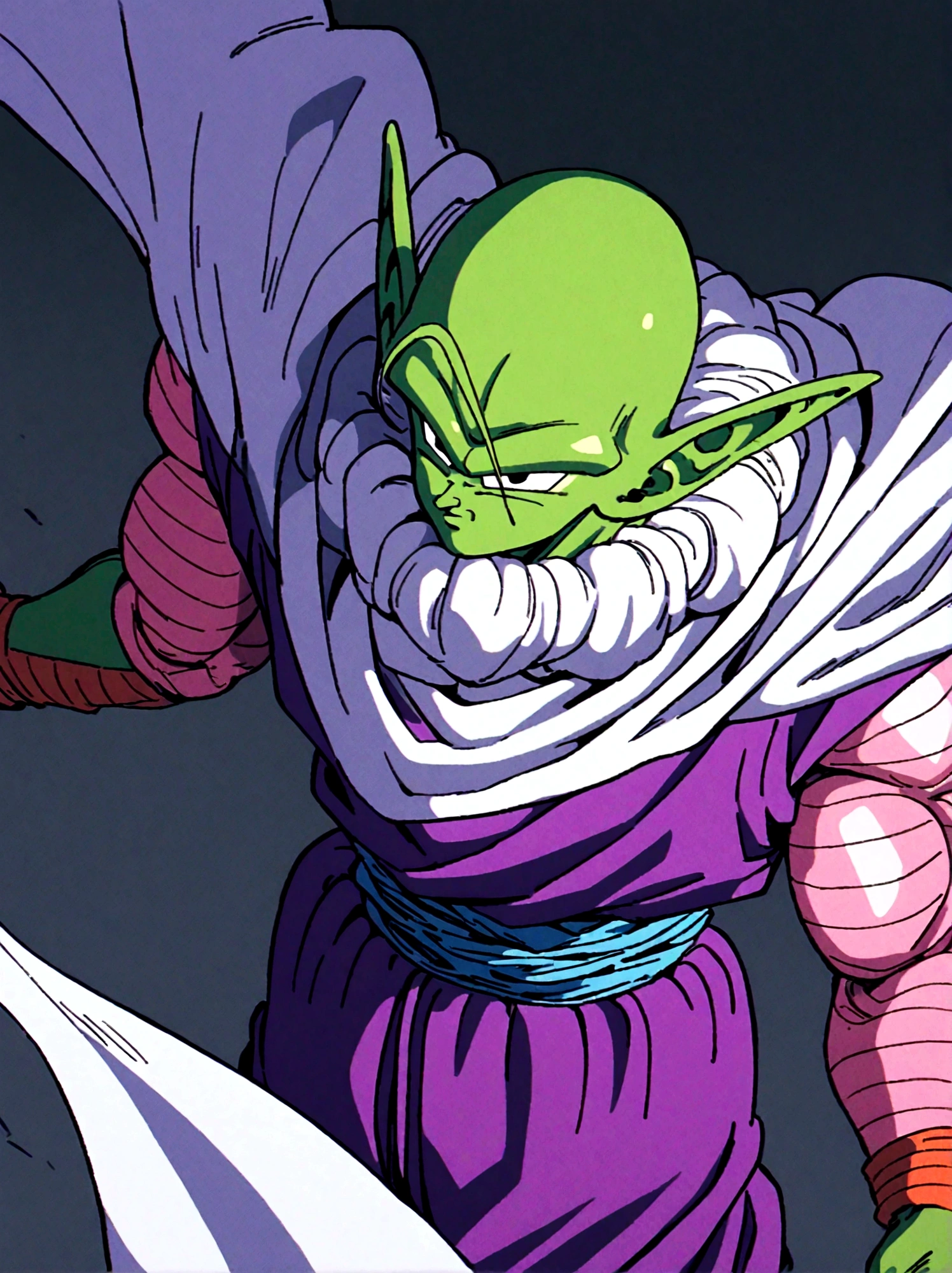 masterpiece, best quality,piccolo, 1boy, male focus, solo, fighting stance, pointy ears,(topless:1.3), green skin, oni horns, purple pants, closed mouth, ((bald)),pink patches,black eyes, blue sash