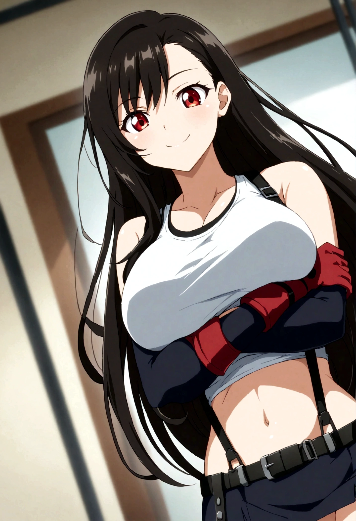score_9, score_8_up, score_7_up, ,BREAK from front:1,medium angle,,upperbody,,, (highest quality, Very delicate and beautiful, High resolution),(cute), One girl, Tifa_Lockhart, smile:1.2,, suspenders, mini skirt, (Tank top), Black Hair, Long Hair, gloves, Beautiful and detailed red eyes, Midgar,, belly button.slim,rib, Abdominal muscles, ( large breasts:1.3),breasthold ,looking at viewer,(anime:1.3) ,crossed arms,sharp focus,depth of field,anime,masterpeace,bestquality,