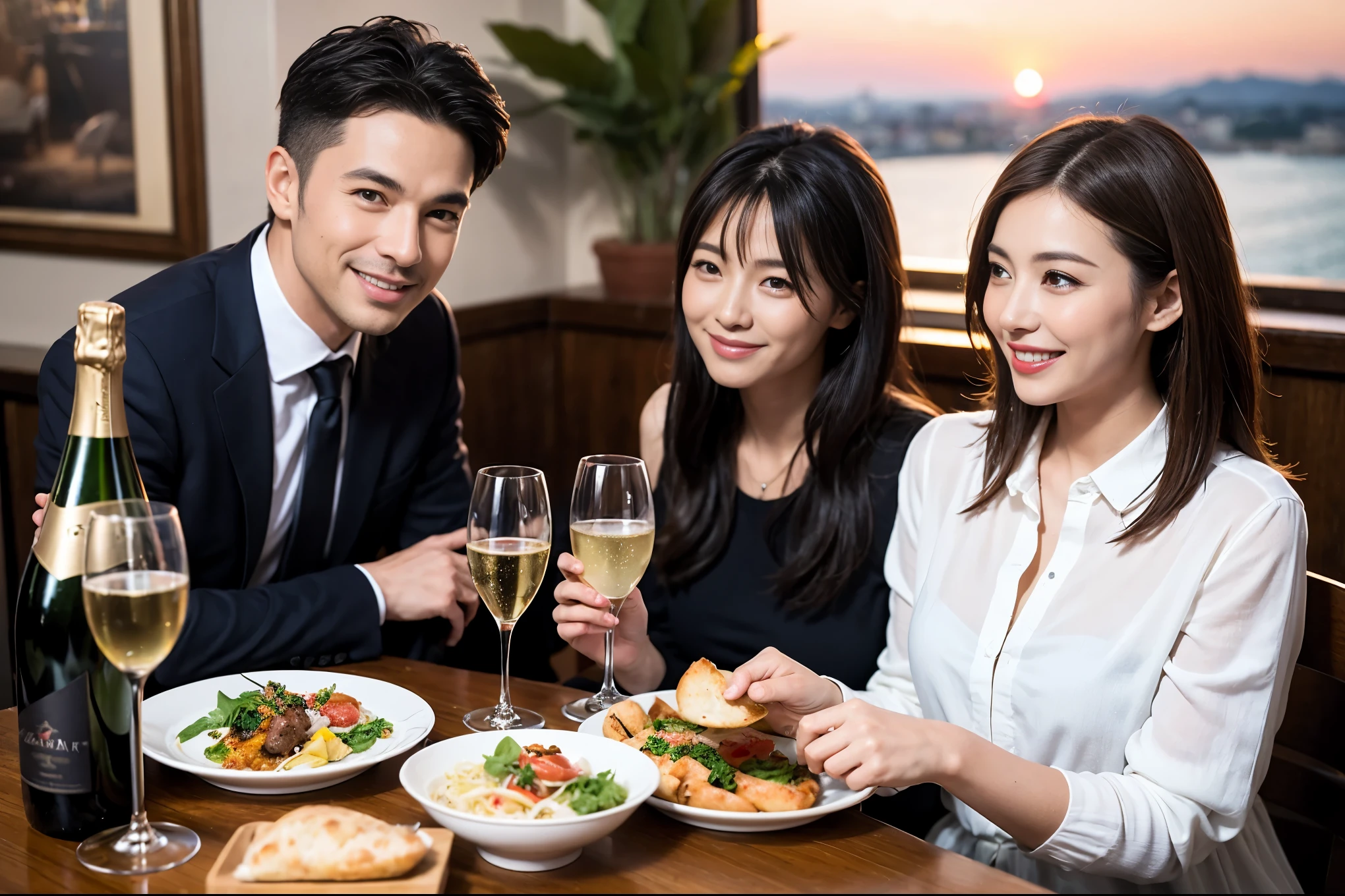 ((highest quality、8k、masterpiece:1.3))、1 male、1 female、spouse、Beautiful couple、smile、full-course dinner、 (Slim face), (the body is スリム), (Brown Hair), (Shortcuts), テーブルの上のwine glass、Put the light on your face、 Amazing view of the sunset sky and clouds、smileの美しさ、Shortcuts, (Age 35), 39 years old, Appetizers、Italian food、Wine bottle、Champagne、sparkling wine、Long sleeve shirt、dress、Attractive beauty、restaurant, Nova Frog Style, actress, model, Upper Body, White wine, red wine, wine glass,