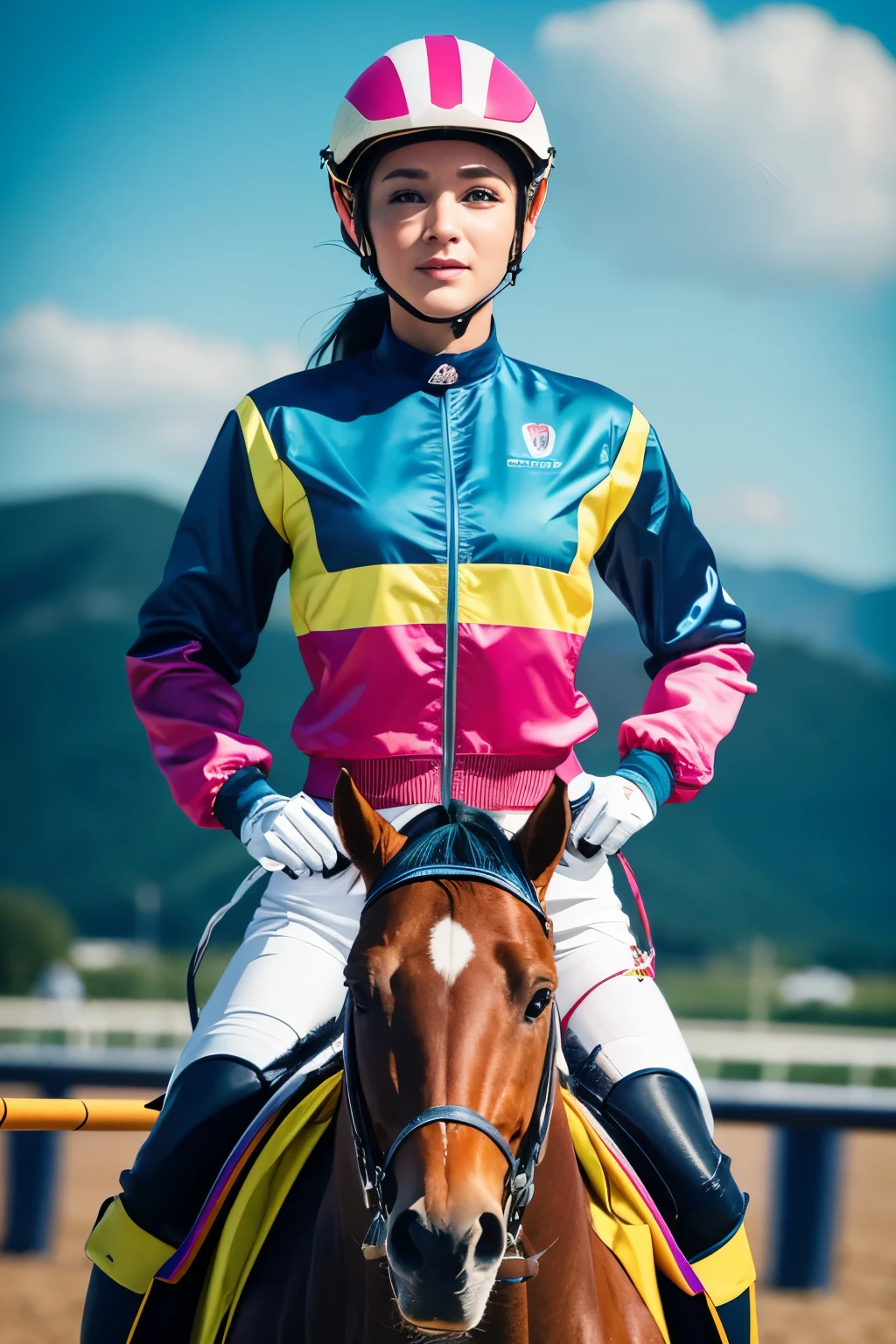 The prompt used to create this image was:
"Create an image of a female jockey inspired by the person in the provided image. She should be dressed in traditional jockey attire, including a colorful silk racing jacket, helmet, and riding boots. The background should feature a racetrack with a horse in the background. The scene should be dynamic, capturing the energy of horse racing."
