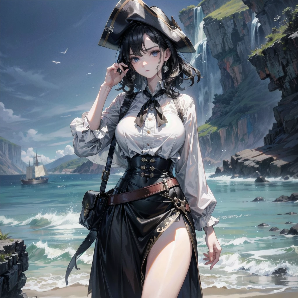 absurdres, RAW photo, extremely delicate, extremely beautiful, masterpiece, Best Quality, ultra high resolution, 32k, hyperrealistic, ultra-detailed description, perfect anatomy, pale skin, 20 years old, detailed beautiful face, detailed beautiful face eyes, tearful mole, earring, short medium hair, wavy hair, black hair, big tits, slim body, narrow waist, whole body, Practical pirate clothing, Long-sleeved pirate top, Skirt,Torn pirate hat, beach, white shirt,