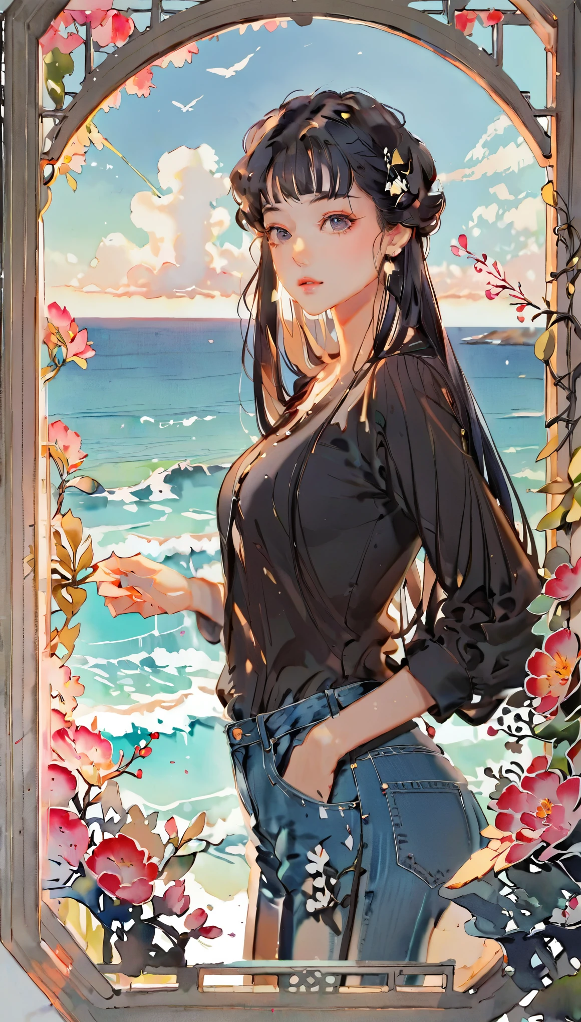 (((paper cutting style))), 1 girl, medium black hair, straight hair, portfolio, shirts, denim, ocean and sky