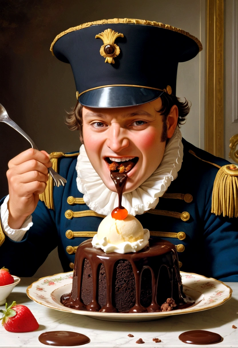 Napoleon、A photo of someone eating chocolate cake with relish Napoleon scooping ice cream with a big spoon With chocolate sauce on his face、Napoleon laughing