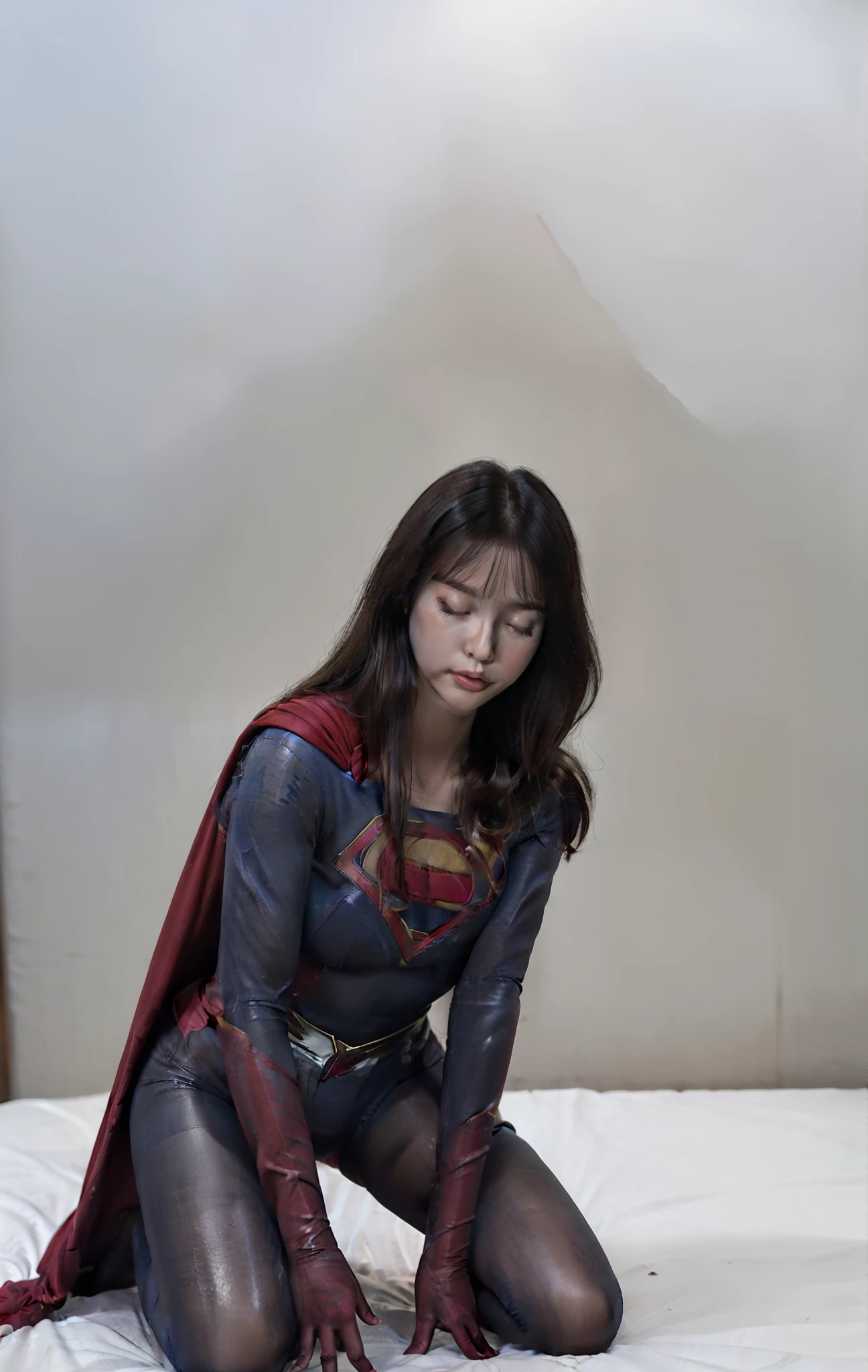 (((Make the most of your original images)))、(((Kneeling Supergirl)))、(((Supergirl being defeated)))、(((Supergirl Costume)))、(((hang)))、(((close your eyes、Sleeping)))、((bra、weak legs))、(((Downward、Pushed down)))、((obtain))、((suffering))、((Doll condition))、((suffering))、(((Wear red gloves)))、(((Shiny black hair)))