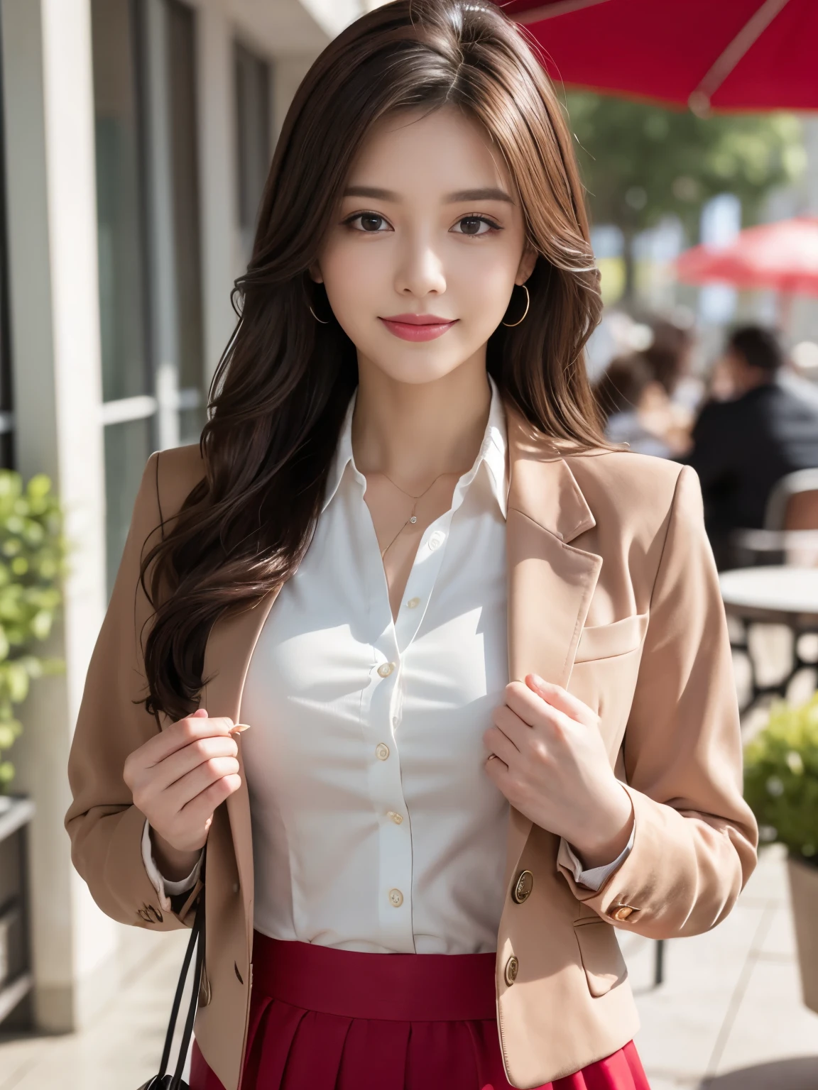 Best quality at best, realistically, ultra - detailed, Detailed pubic hair, A high resolution, 8K wallpaper, 1 Beautiful woman, pink wet lips, light brown messy hair, Medium hair, Wearing a red office suit jacket, shirt, and short black skirt, lock focus, Perfect dynamic composition, beautiful eyes, Delicate hair, Detailed realistically skin texture, Smiling, closeup portrait, Model body type, in the cafe open terrace, blurred background, (waist shot), ((Random body direction)),