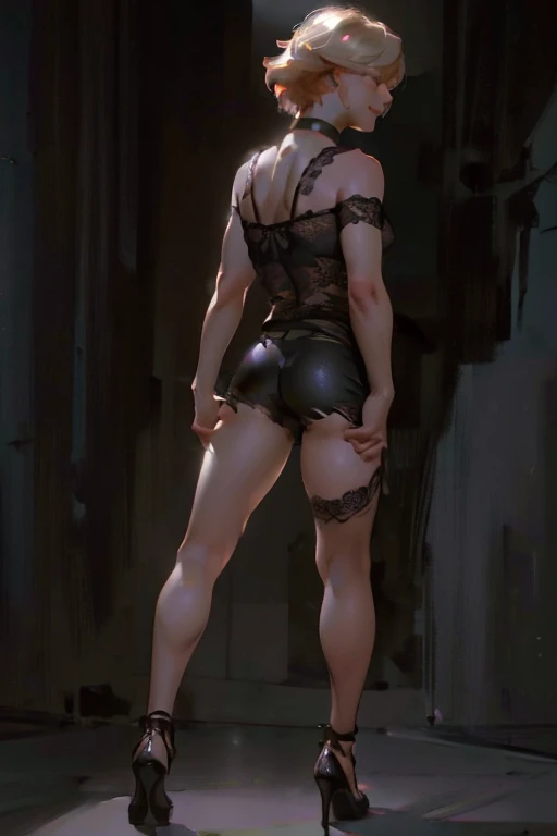 (back view),(full body:1.4),((ultra realistic illustration:1.3)), Athletic blonde woman, (short hair), tomboy, cute, ((smile)), Smoky eye, mascara, choker, black sheer lace camisole. Sexy, romantic. Masterpiece, (highly detailed:1.2),(detailed face and eyes:1.2), 8k wallpaper, Moody lighting. core shadows, high contrast, bokeh.