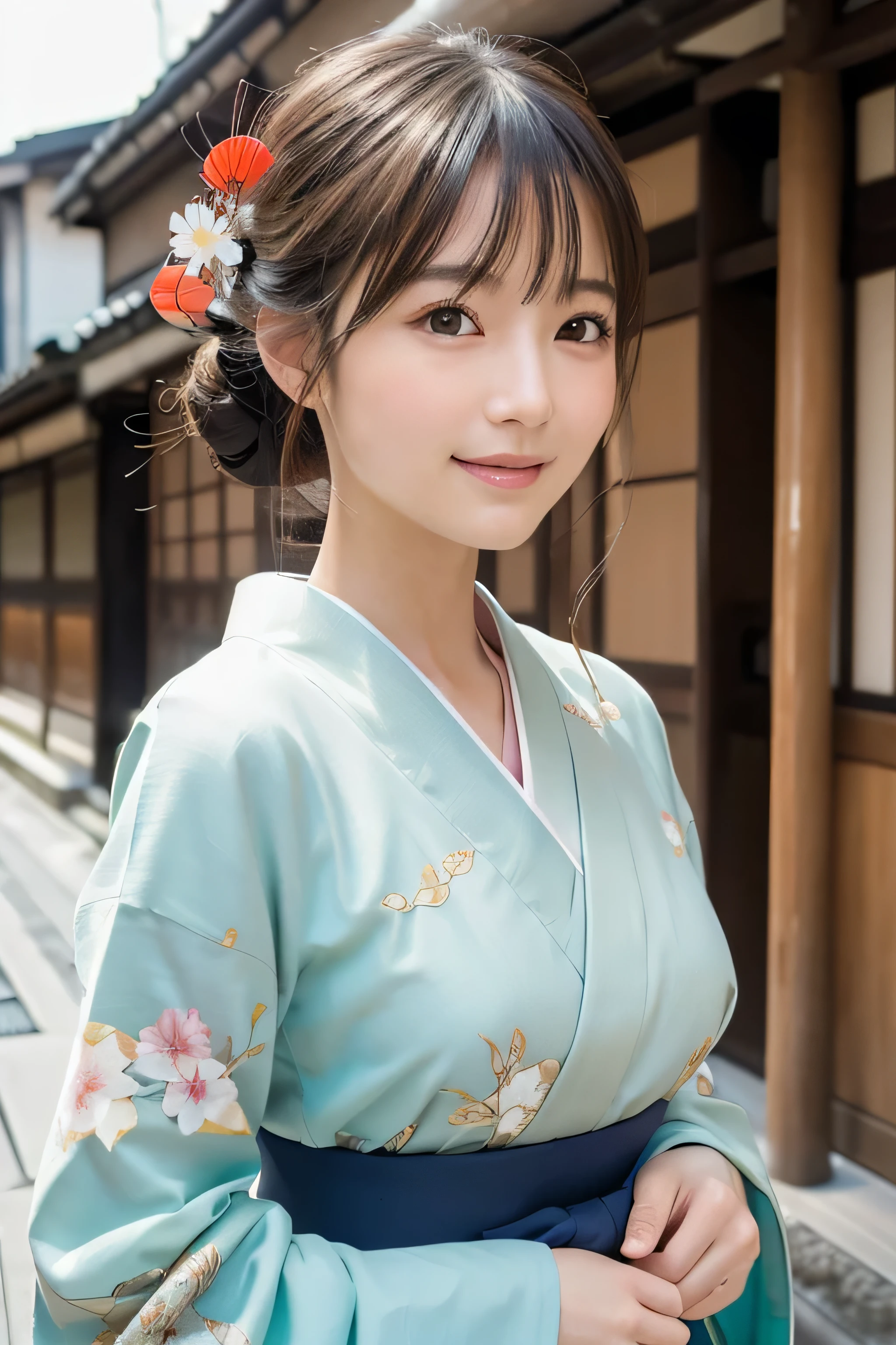 Professional Lighting,(Photorealistic:1.4), (Top image quality:1.0), (超A high resolution:1.0), 8k, Raw photography, (masterpiece:0.2), (Facing the children_v1:0.5)、(highest quality Detail:1.2)、Realistic、8K Ultra HD、High resolution、(1 girl:1.2)、Super detailed、High quality textures、Complex details、detailed、Very detailed CG、High quality shadows、detailed Beautiful and delicate face、Beautiful details and a delicate eye、(Symmetrical eyes:1.2),Written boundary depth、Ray Tracing,1 girl, Japanese Girls, (Natural smile:1.4),cute, thin, Portrait of a beautiful Japanese woman in a kimono, Standing elegantly on a street corner in Kyoto. Kimono with vibrant traditional patterns, Hair decorated with elegant and delicate hairpins, Gentle expression. (With the old streets of Kyoto in the background:1.4)、The soft light of a spring afternoon、Adding tranquility to the scene. Rendered in a Realistic style with great attention to detail, High resolution images.Sky Porn, Magic Hour, (Realistic:1.3), finely, quality, (Tabletop:1.2), (Realistic:1.2), (highest quality), (Complex details), dramatic, Ray Tracing, photograph, +roller, (Large Breasts:1.2),