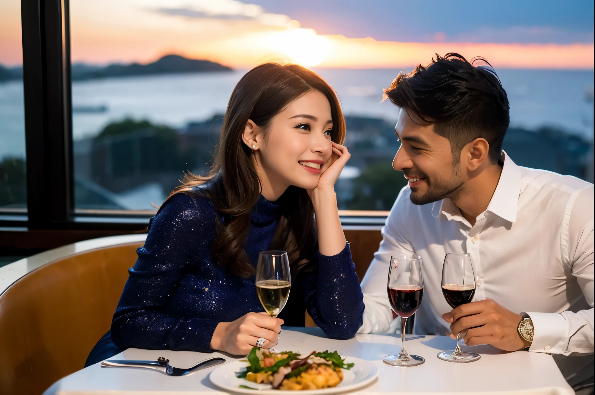 ((highest quality、8k、masterpiece:1.3))、1 male、1 female、spouse、Beautiful couple、smile、full-course dinner、 (Slim face), (the body is スリム), (Brown Hair), (Shortcuts), テーブルの上のwine glass、Put the light on your face、 Amazing view of the sunset sky and clouds、smileの美しさ、Shortcuts, (Age 35), 39 years old, Appetizers、Italian food、Wine bottle、Champagne、sparkling wine、Long sleeve shirt、dress、Attractive beauty、restaurant, Nova Frog Style, actress, model, Upper Body, White wine, red wine, wine glass,