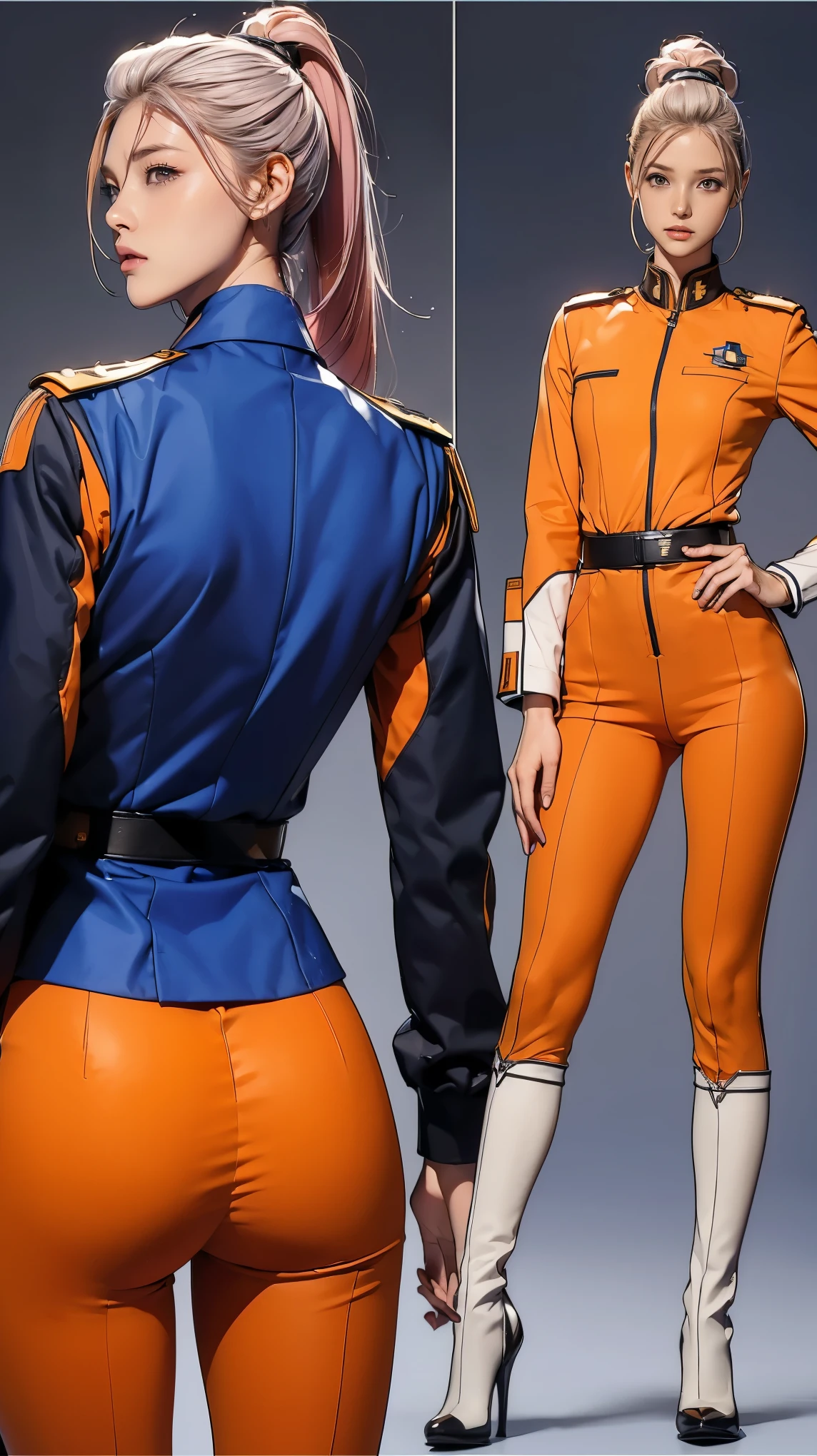 ((masterpiece)),(((highest quality))),((Reference Sheet, Character Design, front, return, ~ ~ side, Mr..々Hairstyle, Mr..々Performance, Facial Expressions)), 14-year-old girl, Cute type, (Very slim:1.4), (Very small ???:1.4), Realistic ????????, Medium ?????， Pink hair, mohawk and ponytail:1.2，Thin thighs, Long legs, It's not a big deal,(A female Earth Federation officer is walking), (Wearing Earth Federation military uniform, White and orange uniform),(Worn by federal government employees'White Hat:1.5)