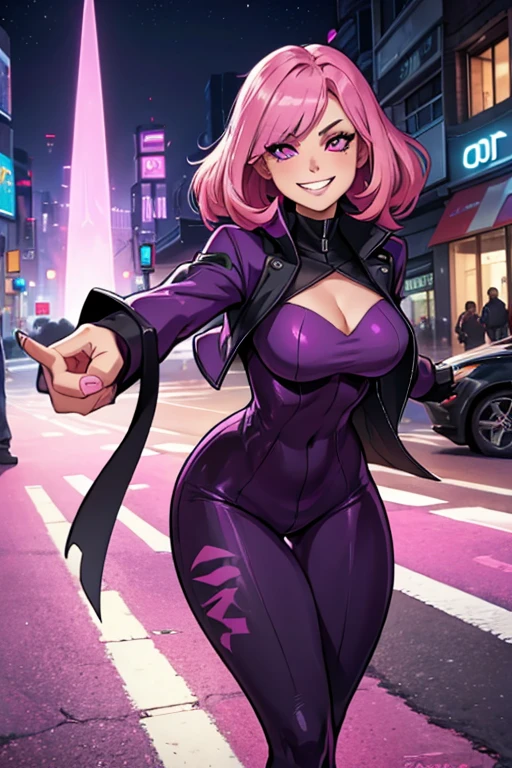 A pink haired female reaper with violet eyes with an hourglass figure in a soft pink spy jumpsuit is running through the streets in a city at night with an eager grin and a scyth