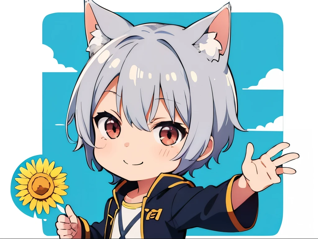 (chibi:1.3),sun、(Run),smile,Raise one hand,whole body,after that,masterpiece, A world where magic and technology coexist, Cat Eared Man(Gray Hair, short hair) ,boy,Hone your skills,Let me'Go on a journey to uncover the secrets of power., Beautiful Eyes,depicted in detail. The magician makes the most of the potential of his abilities..,We must learn how to unlock the true potential of modern magic,masterpiece, Cat Eared Man,Gray Hair, short hair),depicted in detail,