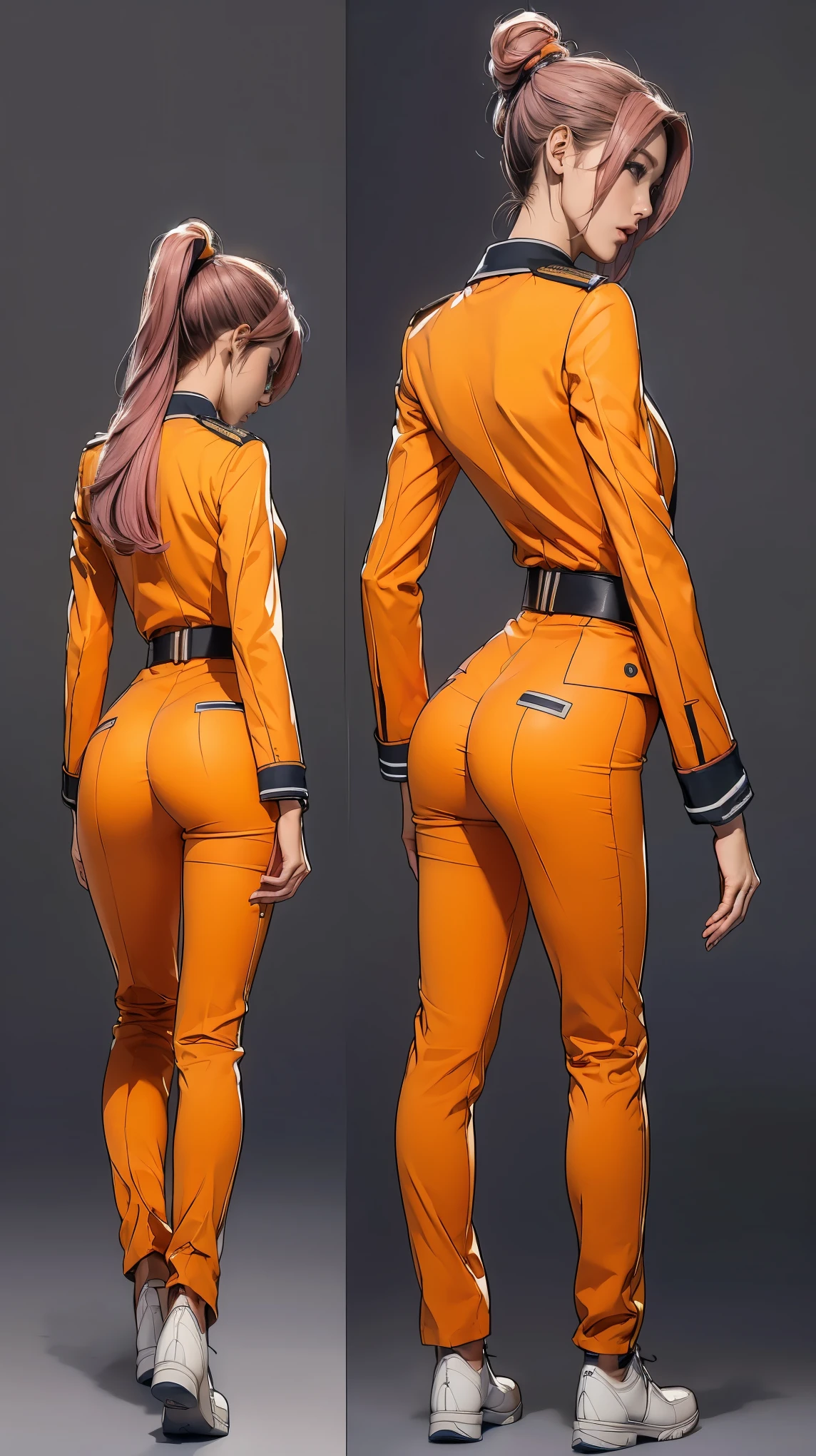 ((masterpiece)),(((highest quality))),((Reference Sheet, Character Design, front, return, ~ ~ side, Mr..々Hairstyle, Mr..々Performance, Facial Expressions)), -yeld gi Cute type, (Very slim:1.4), (Very small ass:1.4), Realistic buttocks, Medium chest, Pink hair, mohawk and ponytail:1.2,Thin thighs, Long legs, It's not a big deal,(A female Earth Federation officer is walking), (Wearing Earth Federation military uniform, White and orange uniform),(Worn by federal government employees'White Hat:1.5)