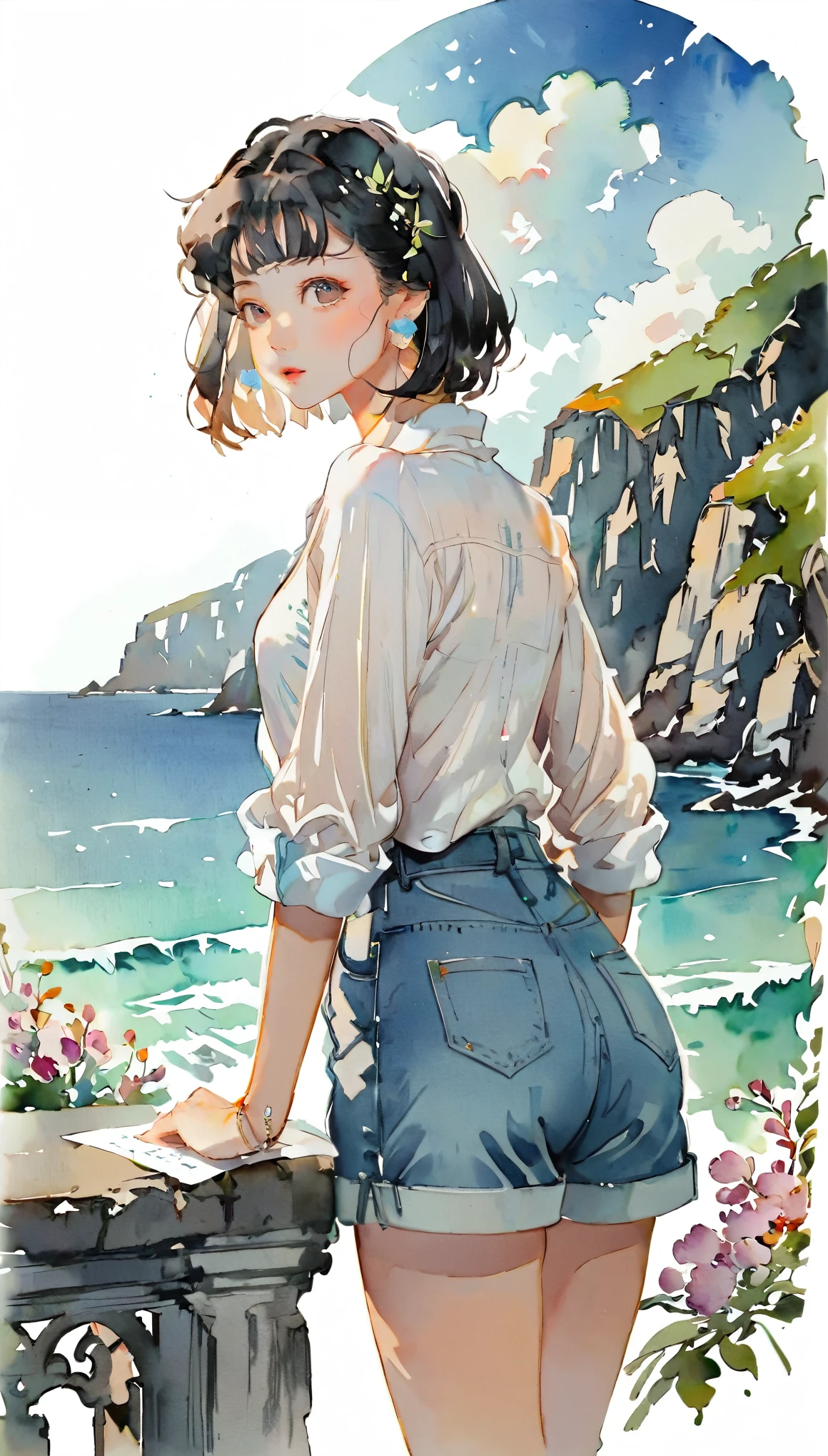 (((paper cutting style))), 1 girl, short black hair, straight hair, portfolio, shirts, denim, ocean and sky