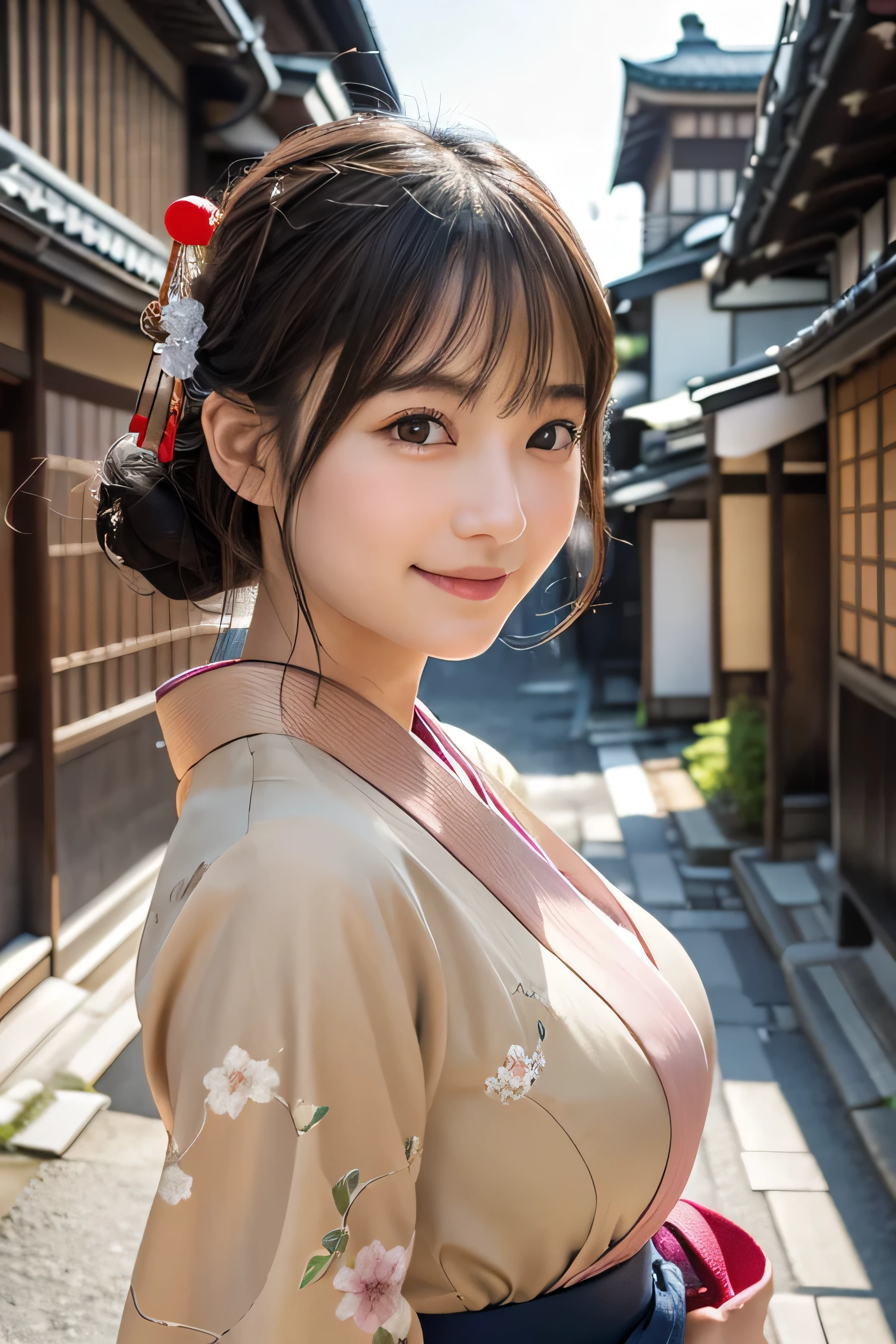 Professional Lighting,(Photorealistic:1.4), (Top image quality:1.0), (超A high resolution:1.0), 8k, Raw photography, (masterpiece:0.2), (Facing the children_v1:0.5)、(highest quality Detail:1.2)、Realistic、8K Ultra HD、High resolution、(1 girl:1.2)、Super detailed、High quality textures、Complex details、detailed、Very detailed CG、High quality shadows、detailed Beautiful and delicate face、Beautiful details and a delicate eye、(Symmetrical eyes:1.2),Written boundary depth、Ray Tracing,1 girl, Japanese Girls, (Natural smile:1.4),cute, thin, Portrait of a beautiful Japanese woman in a kimono, Standing elegantly on a street corner in Kyoto. Kimono with vibrant traditional patterns, Hair decorated with elegant and delicate hairpins, Gentle expression. (With the old streets of Kyoto in the background:1.4)、The soft light of a spring afternoon、Adding tranquility to the scene. Rendered in a Realistic style with great attention to detail, High resolution images.Sky Porn, Magic Hour, (Realistic:1.3), finely, quality, (Tabletop:1.2), (Realistic:1.2), (highest quality), (Complex details), dramatic, Ray Tracing, photograph, +roller, (Large Breasts:1.2),