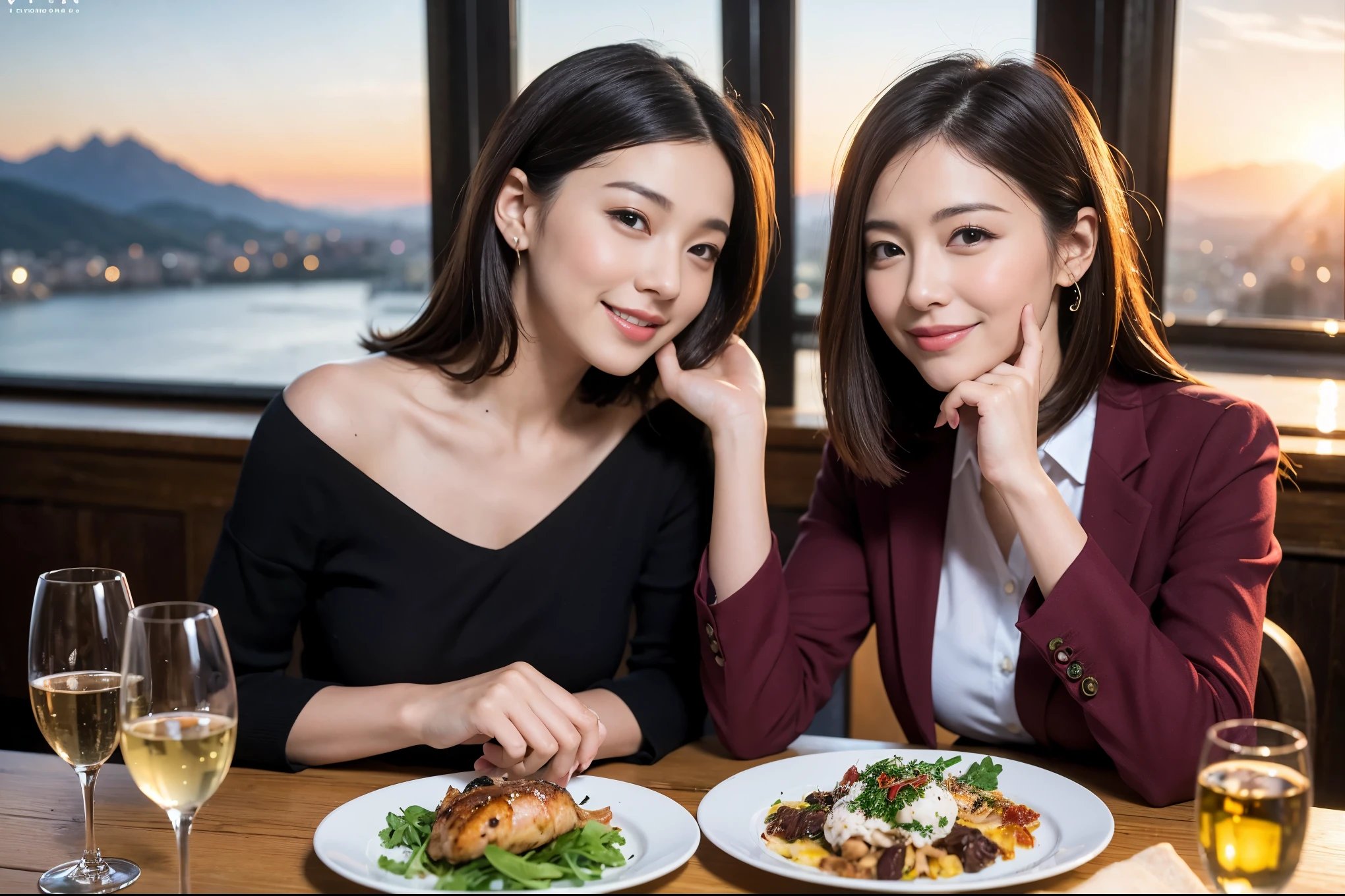 ((highest quality、8k、masterpiece:1.3))、1 male 1 female、Lovers、beautiful couple、Happy Smile、 (Slim face), (The body is スリム), (Brown Hair), (Shortcuts), ((Bob Hale、Straight hair:1.2)), Wine glass on the table、Please put light on my face、 Amazing view of the sunset sky and clouds、Amazing mountain views、The wonderfulness of smiles、Bright image、Blushing, Shortcuts,Bright Face、 (42 years old), 39 years old, red wine 、Appetizers、Italian food、Wine bottle、Champagne、sparkling wine、Long sleeve shirt、dress、Attractive beauty、restaurant, Nova Frog Style, actress, model, Upper Body, White wine, red wine, wine glass,