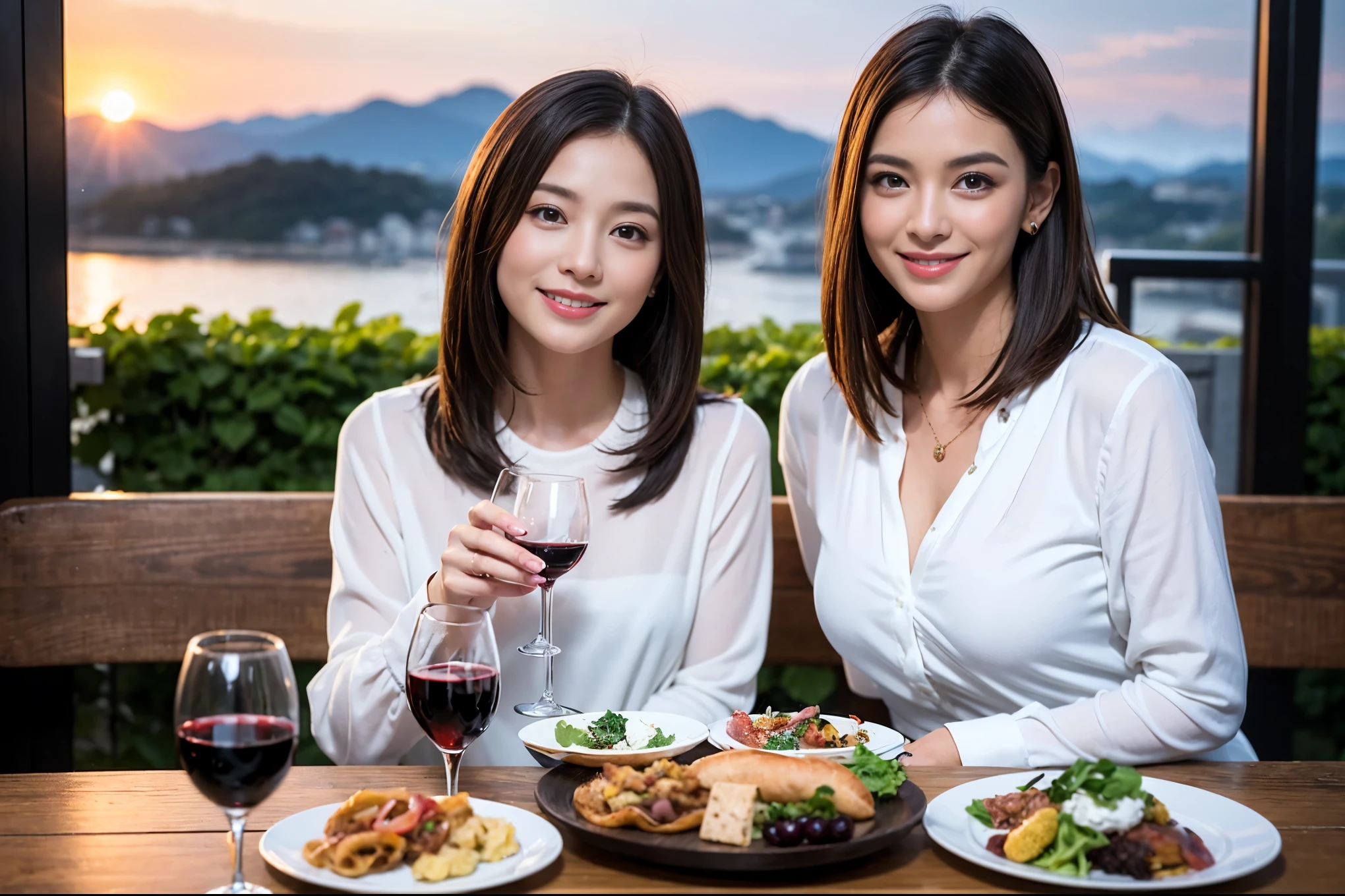 ((highest quality、8k、masterpiece:1.3))、1 male 1 female、Lovers、beautiful couple、Happy Smile、 (Slim face), (The body is スリム), (Brown Hair), (Shortcuts), ((Bob Hale、Straight hair:1.2)), Wine glass on the table、Please put light on my face、 Amazing view of the sunset sky and clouds、Amazing mountain views、The wonderfulness of smiles、Bright image、Blushing, Shortcuts,Bright Face、 (42 years old), 39 years old, red wine 、Appetizers、Italian food、Wine bottle、Champagne、sparkling wine、Long sleeve shirt、dress、Attractive beauty、restaurant, Nova Frog Style, actress, model, Upper Body, White wine, red wine, wine glass,