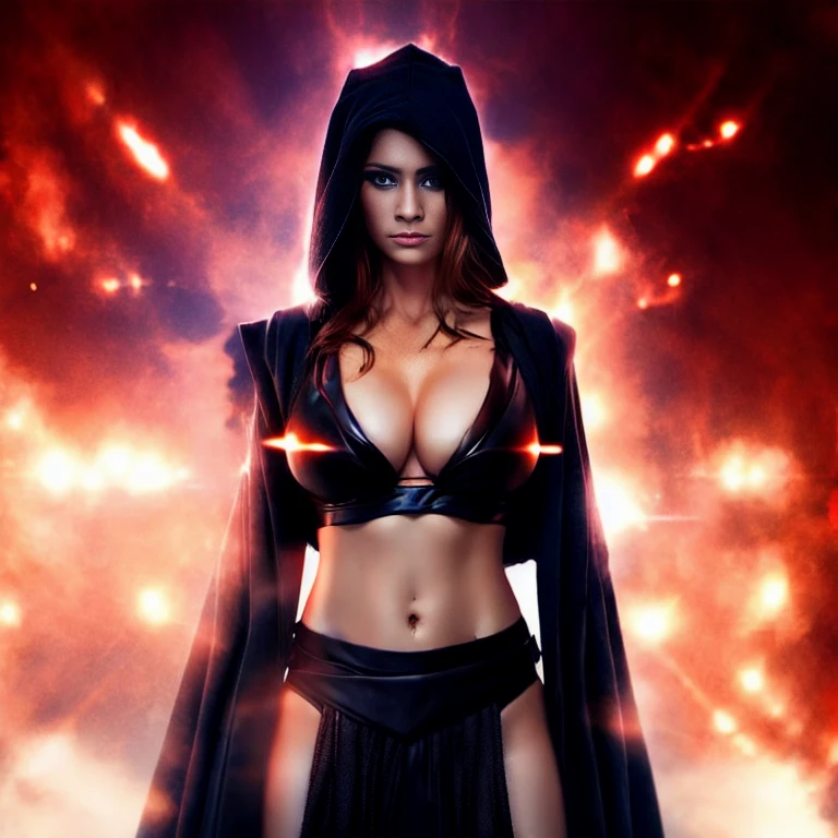 (1girl large breasts), bust upper body shot, Tahiri Veila , black robes, star wars, standing, midriff , cinematic lighting, epic, inspiring, hdr, highly detailed, cinematic composition, sthoutfit