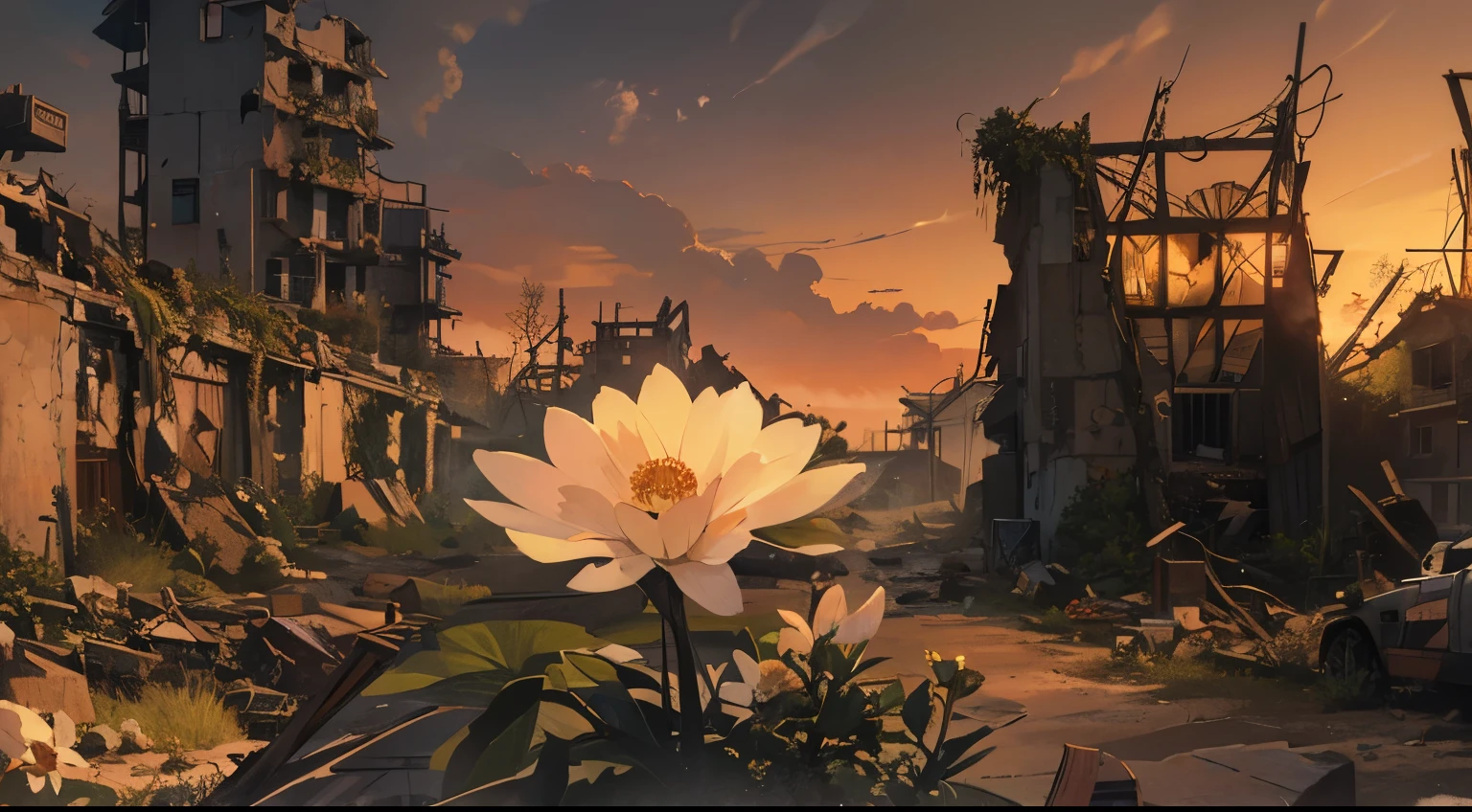 Abandoned house、Barren Land、A single flower、ruins、City、bustling street、Abandoned house、night