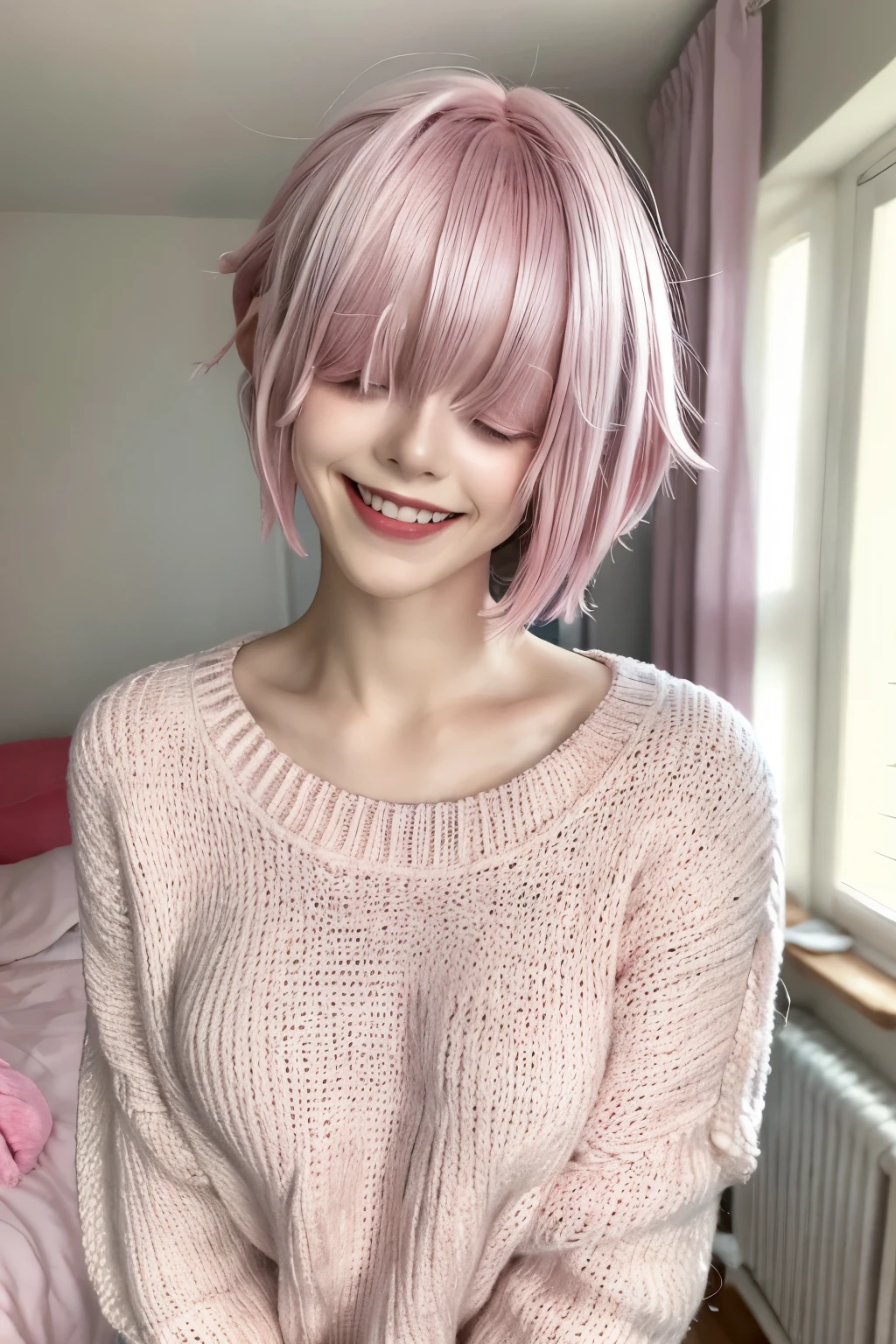 masterpiece, upper body, face portrait,  woman, solo, pink hair, hair over eyes, gamer bedroom, aqua sweater, oversized sweater, grin