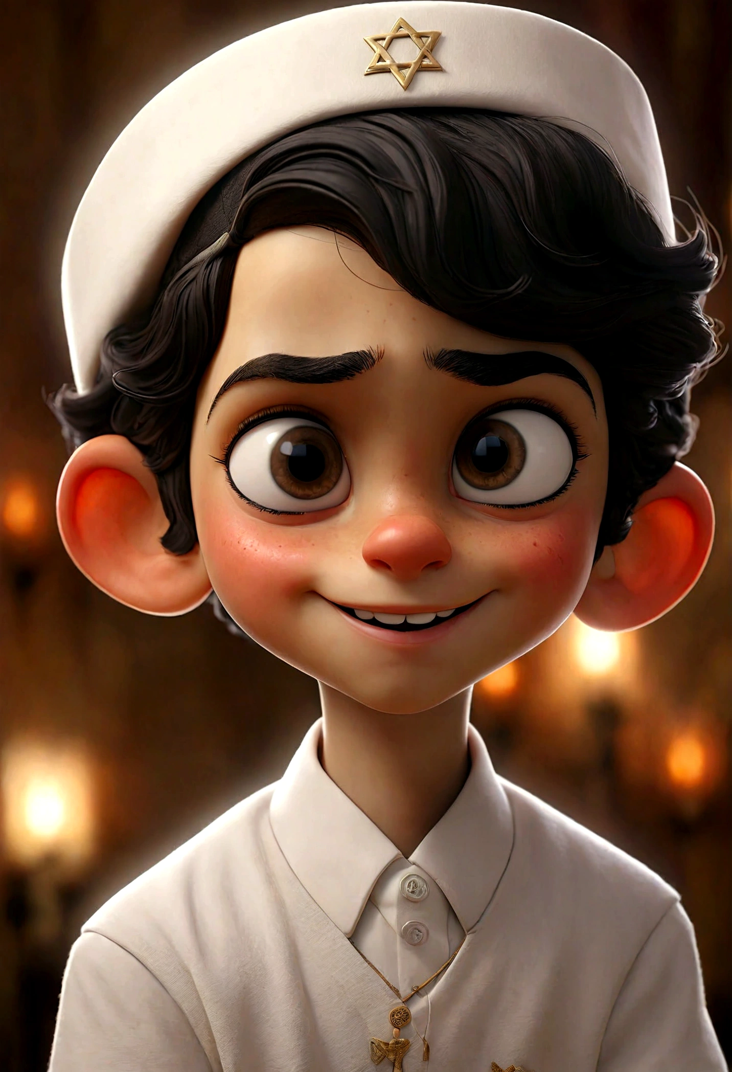 a young jewish boy, 9 years old, white skin, black hair, wearing a white kippah, happy and welcoming expression, detailed facial features, intricate clothing folds, warm lighting, cinematic composition, award winning photograph