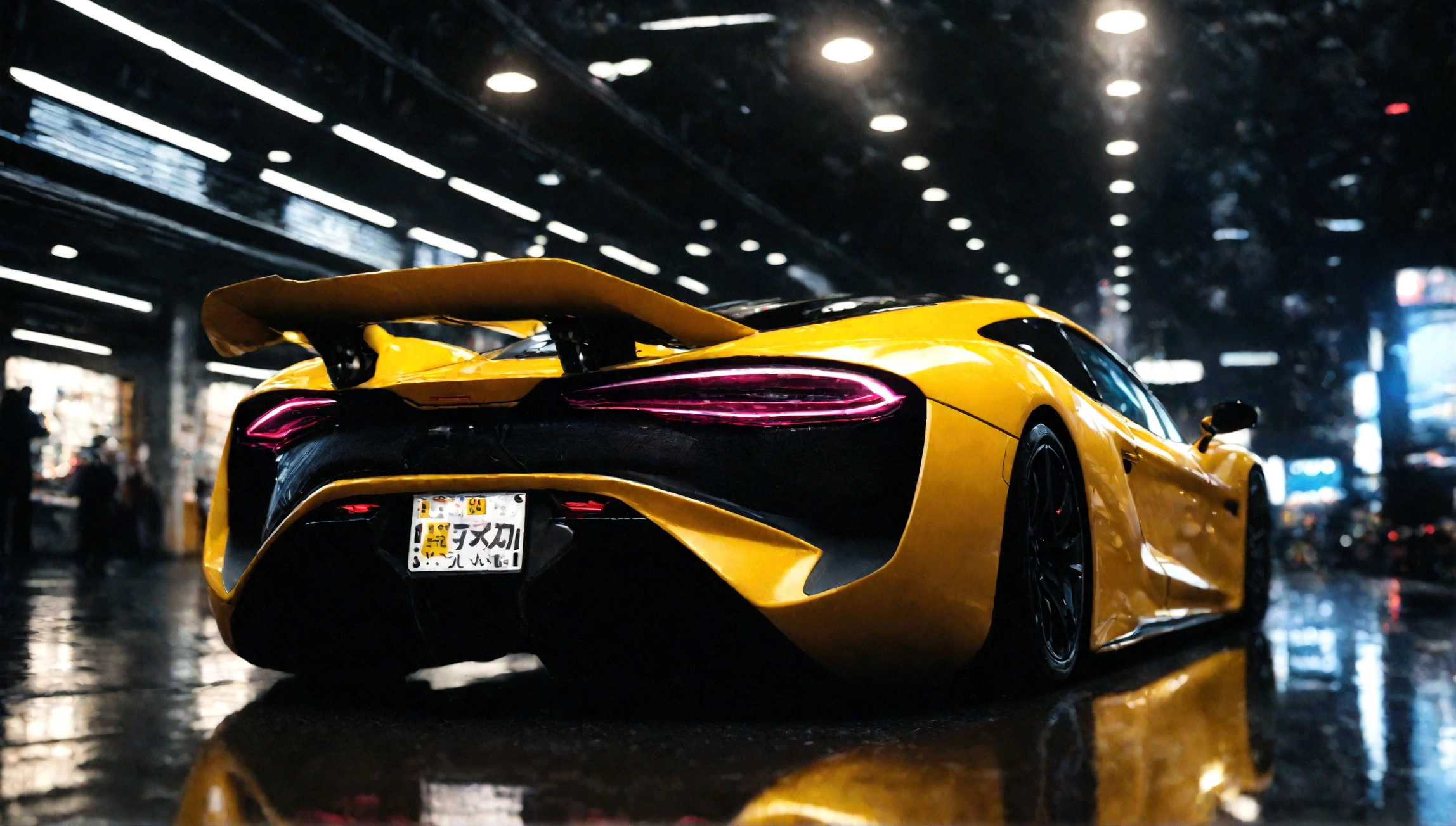a beautiful yellow supercar, city of tokyo in the background, detailed high resolution photo, cinematic lighting, 8k, photorealistic, dynamic composition, vibrant colors, reflection on the car body, depth of field, realistic textures, intricate details, sleek design, futuristic architecture, ultrawide angle, dramatic sky