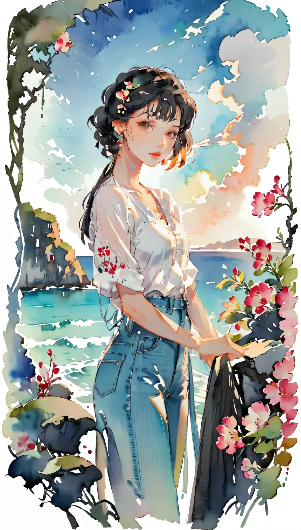 (((paper cutting style))), 1 girl, short black hair, straight hair, portfolio, shirts, denim, ocean and sky
